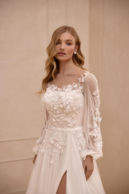 3D Applique Wedding Dress with Long Sleeves, Soft Tulle A-Line Gown with Slit, Lace Bridal Gown with Train, Fairy Romantic Style