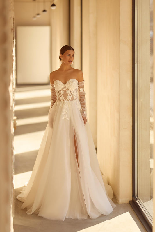 Off-Shoulder Floral Wedding Dress with Ruffled Long Sleeves, Lace Appliqué, Tulle Skirt, Slit, Romantic Backless Bridal Gown