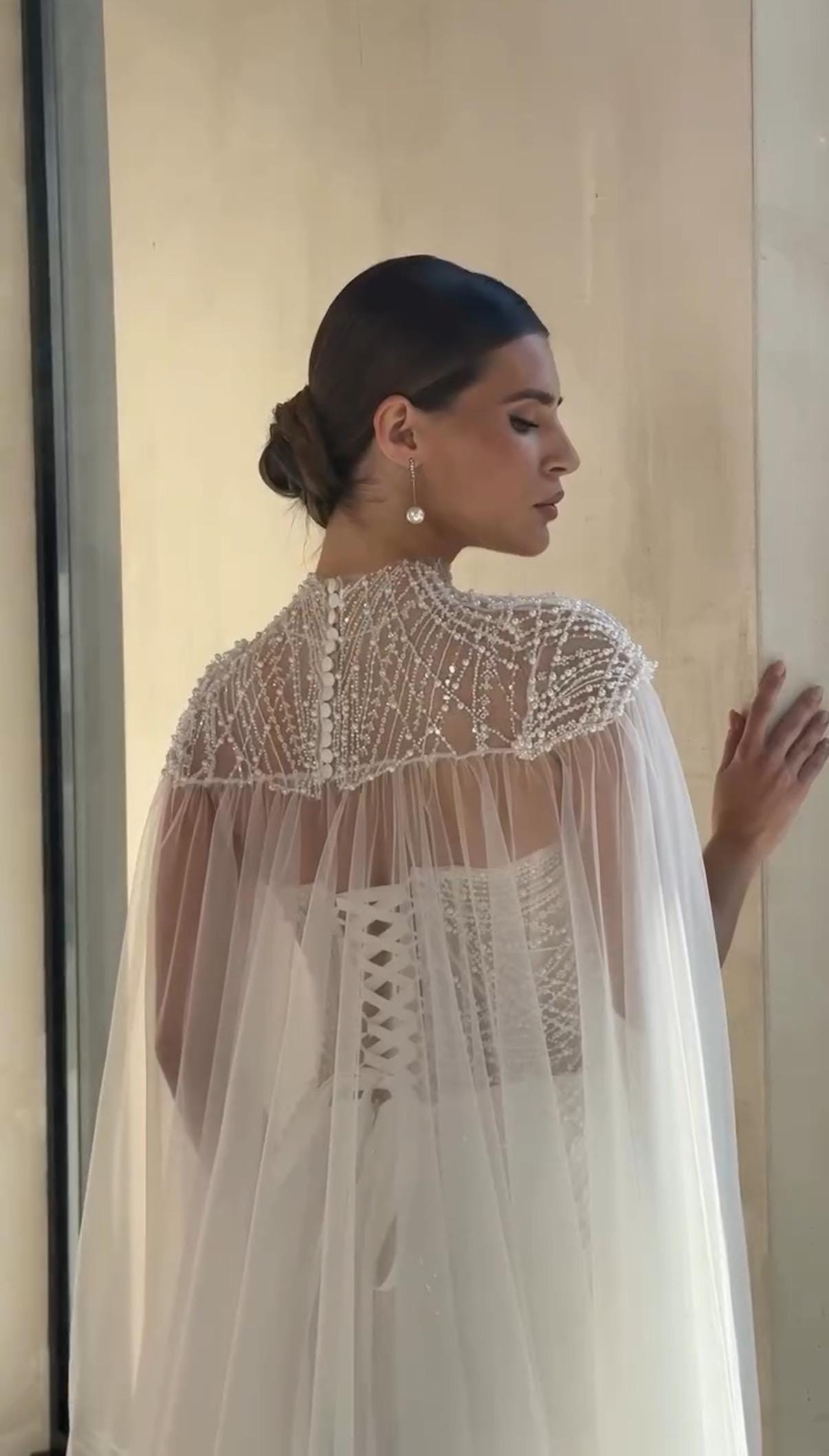 Beaded Bridal Gown with Cape, Sweetheart Neckline, Sleeveless Mermaid Lace Corset Dress, Romantic Train Wedding Dress