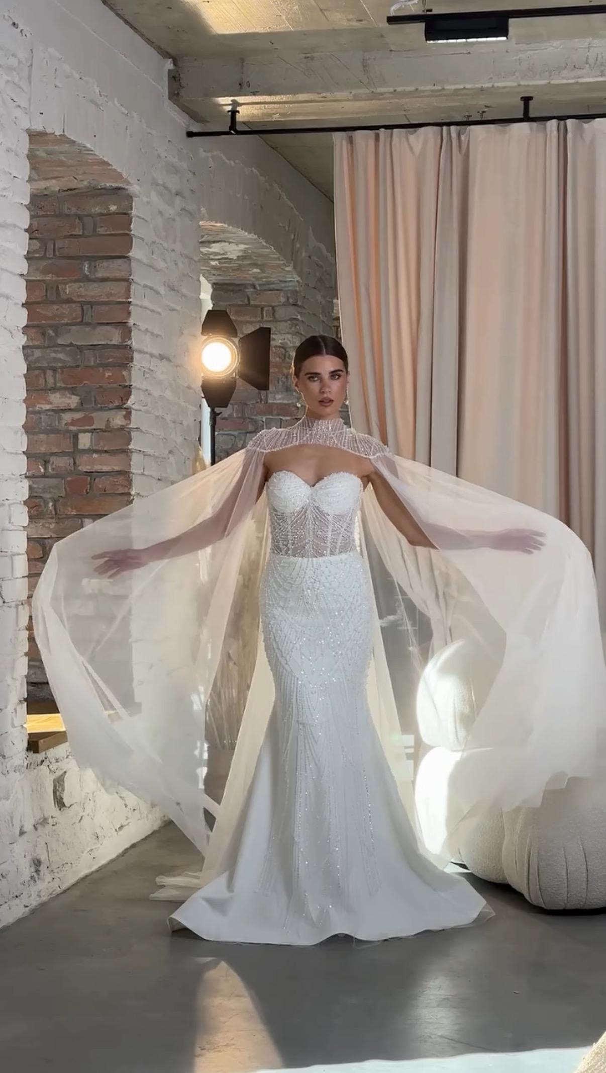 Beaded Bridal Gown with Cape, Sweetheart Neckline, Sleeveless Mermaid Lace Corset Dress, Romantic Train Wedding Dress