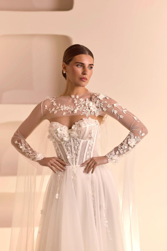 Tulle Bridal Gown with Train, Lace Corset and Sheer Bodice, Floral 3D Applique Long Sleeve A-line Rustic Wedding Dress Bolero Style