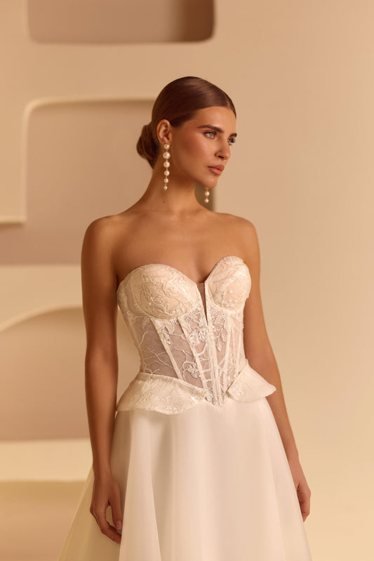 Romantic Off-Shoulder Wedding Dress with Lace Corset, Organza Skirt, Slit, Backless A-Line Bridal Gown, Floral Long Sleeve Gown