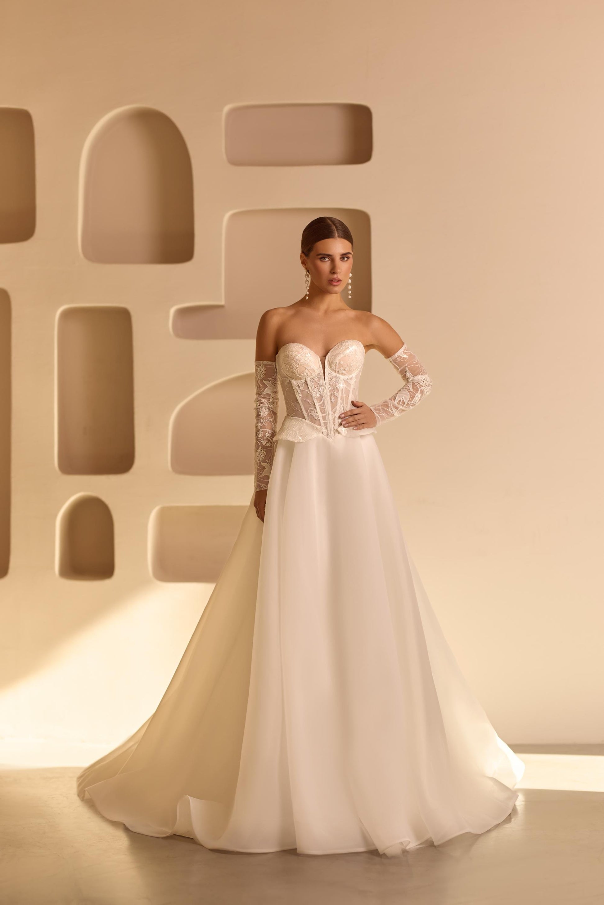 Romantic Off-Shoulder Wedding Dress with Lace Corset, Organza Skirt, Slit, Backless A-Line Bridal Gown, Floral Long Sleeve Gown