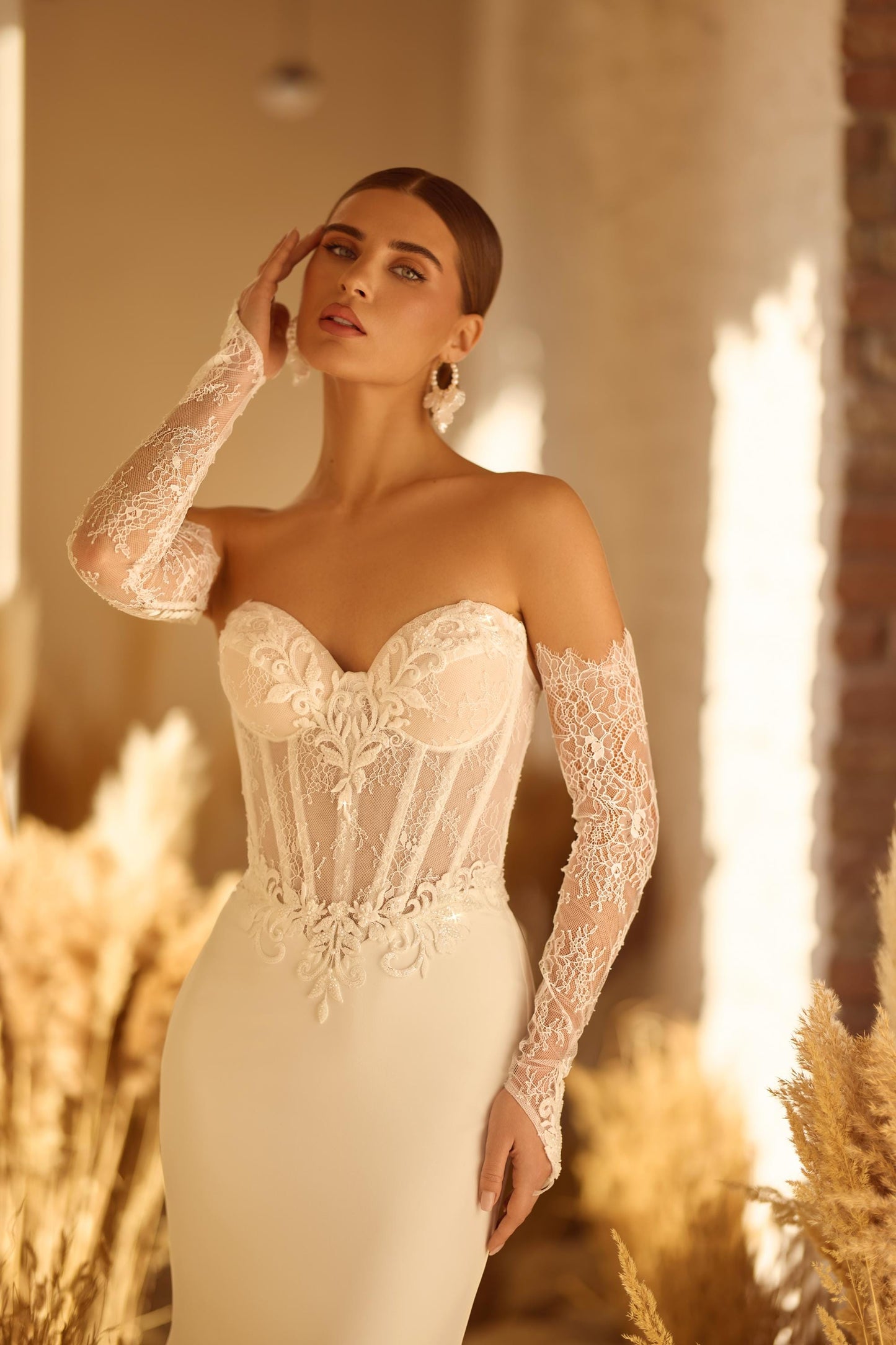 Off Shoulder Lace Corset Bridal Gown with Detachable Tulle Skirt, Mermaid Wedding Dress with Train and Long Floral Lace Sleeves