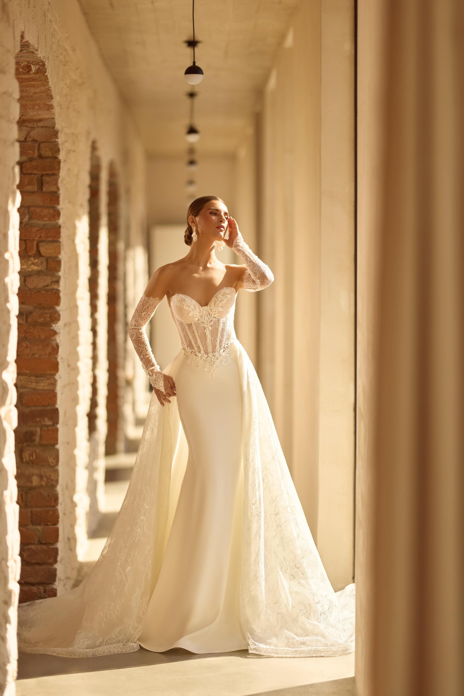 Off Shoulder Lace Corset Bridal Gown with Detachable Tulle Skirt, Mermaid Wedding Dress with Train and Long Floral Lace Sleeves