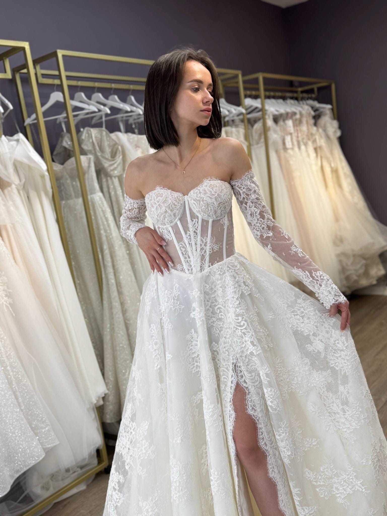 Elegant Off-Shoulder white Bridal Gown with Delicate Lace, Timeless column Wedding Dress with Corset Back and Long lace Sleeves a-line dress