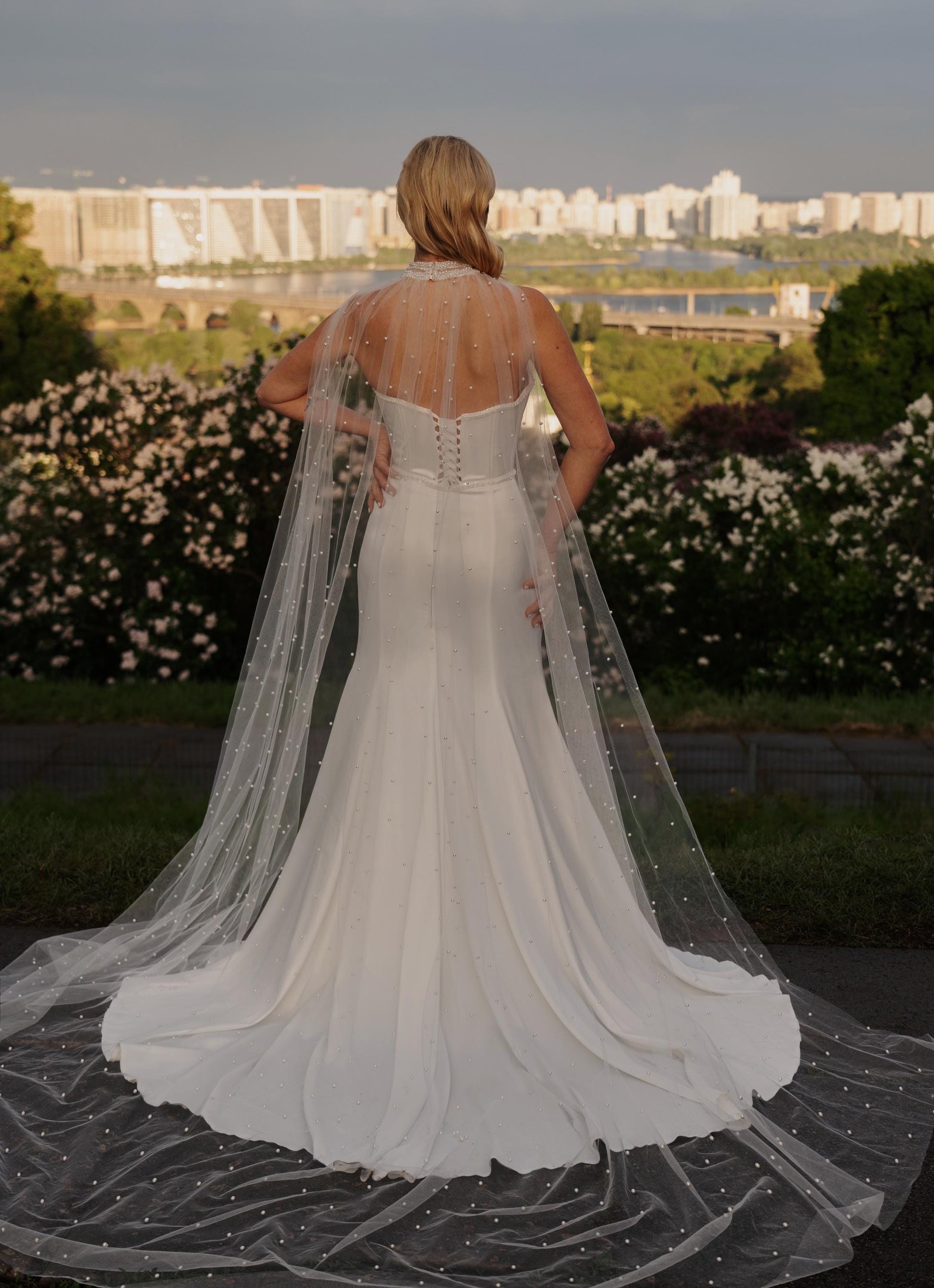 Mermaid Wedding Dress with Illusion Corset and Pearl Tulle Cape – Strapless Sweetheart Bridal Gown with Train