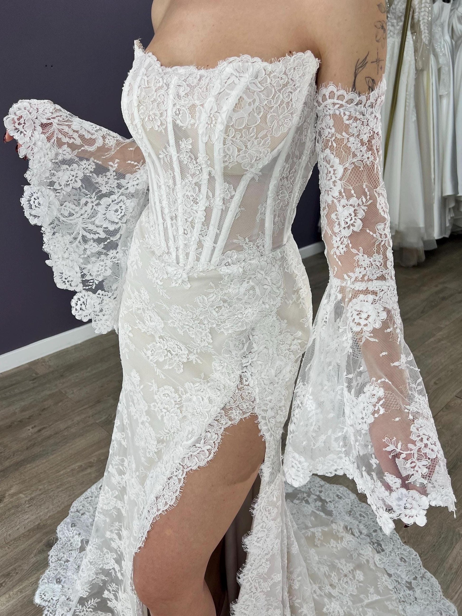 Romantic Chantilly Lace Detachable Sleeves with Flared Cuffs | Wedding Dress Accessory | Off Shoulder Sleeves for Bridal Gowns