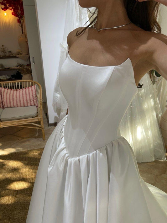 Satin Wedding Dress with Corset Bodice, Basque Waist, A-Line Skirt and Train, Elegant Bridal Gown, Minimalist Strapless Dress