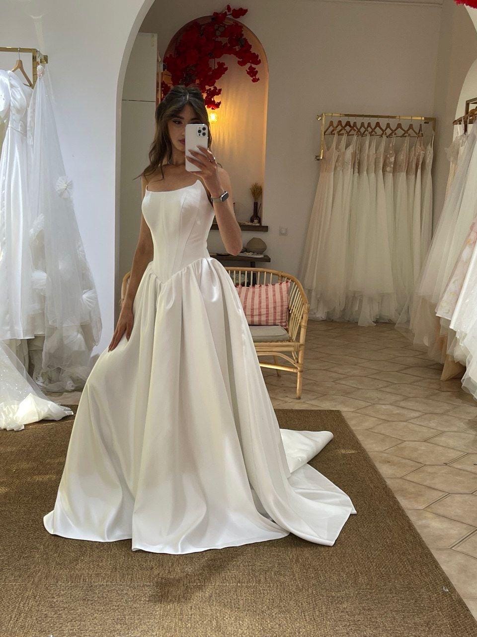 Satin Wedding Dress with Corset Bodice, Basque Waist, A-Line Skirt and Train, Elegant Bridal Gown, Minimalist Strapless Dress