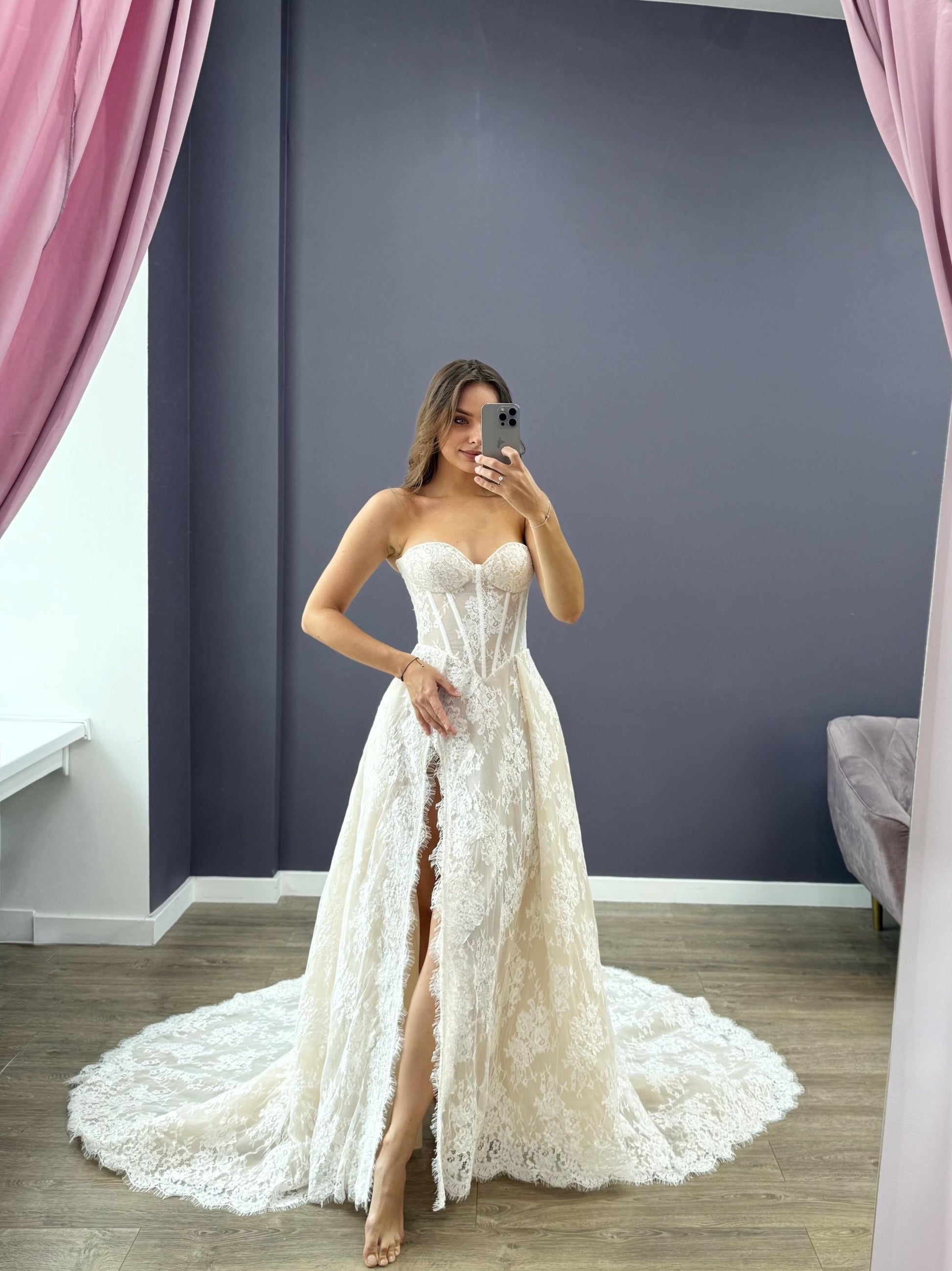 Seductive Lace Wedding Dress with Slit, Off Shoulder Corset Bridal Gown, Chantilly Lace Train Dress, Custom Made for Timeless Elegance