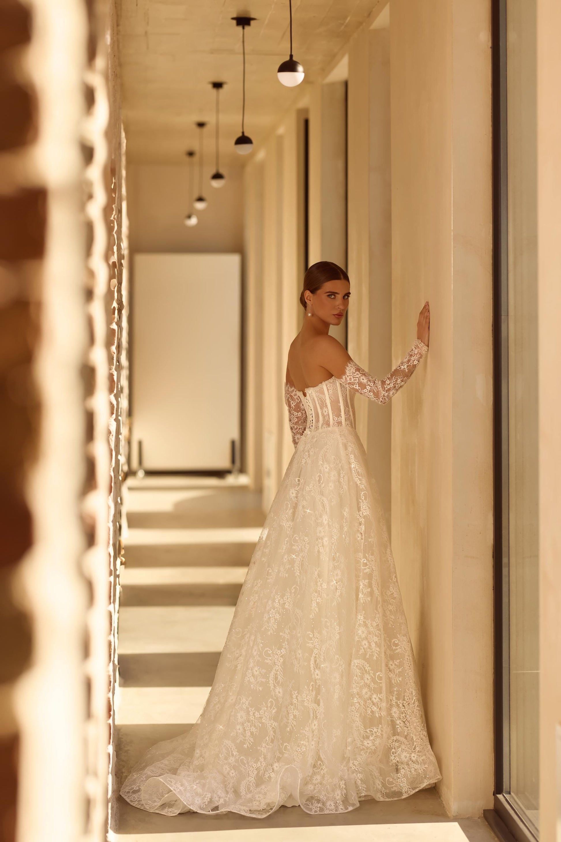Off Shoulder Lace Wedding Dress with Long Sleeves, Corset Bodice Bridal Gown, A Line Lace Wedding Dress with Train, Elegant Style