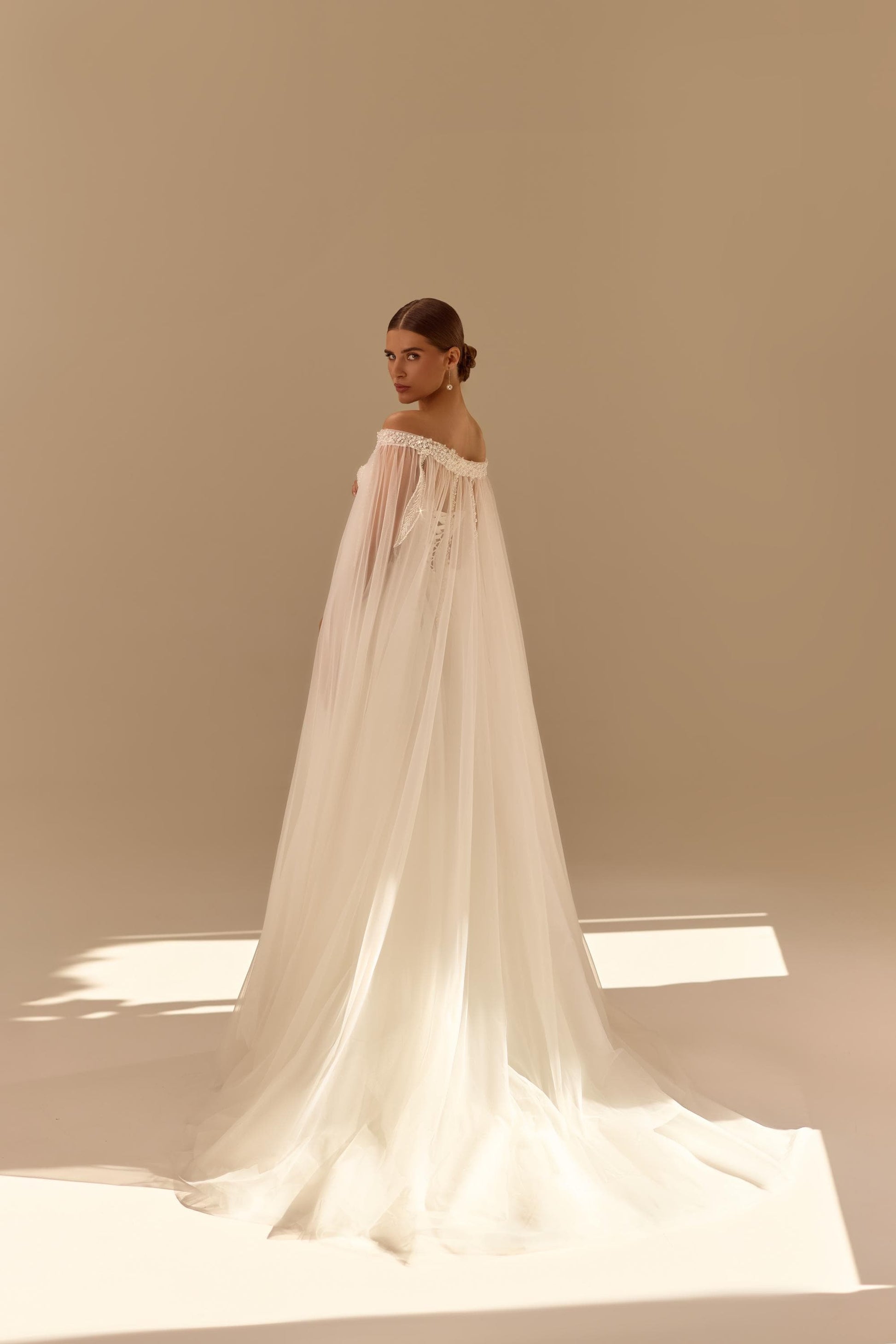 Off Shoulder Wedding Dress with Cape, Beaded Corset Bridal Gown, Elegant A Line Wedding Dress with Train, Tulle Wedding Dress