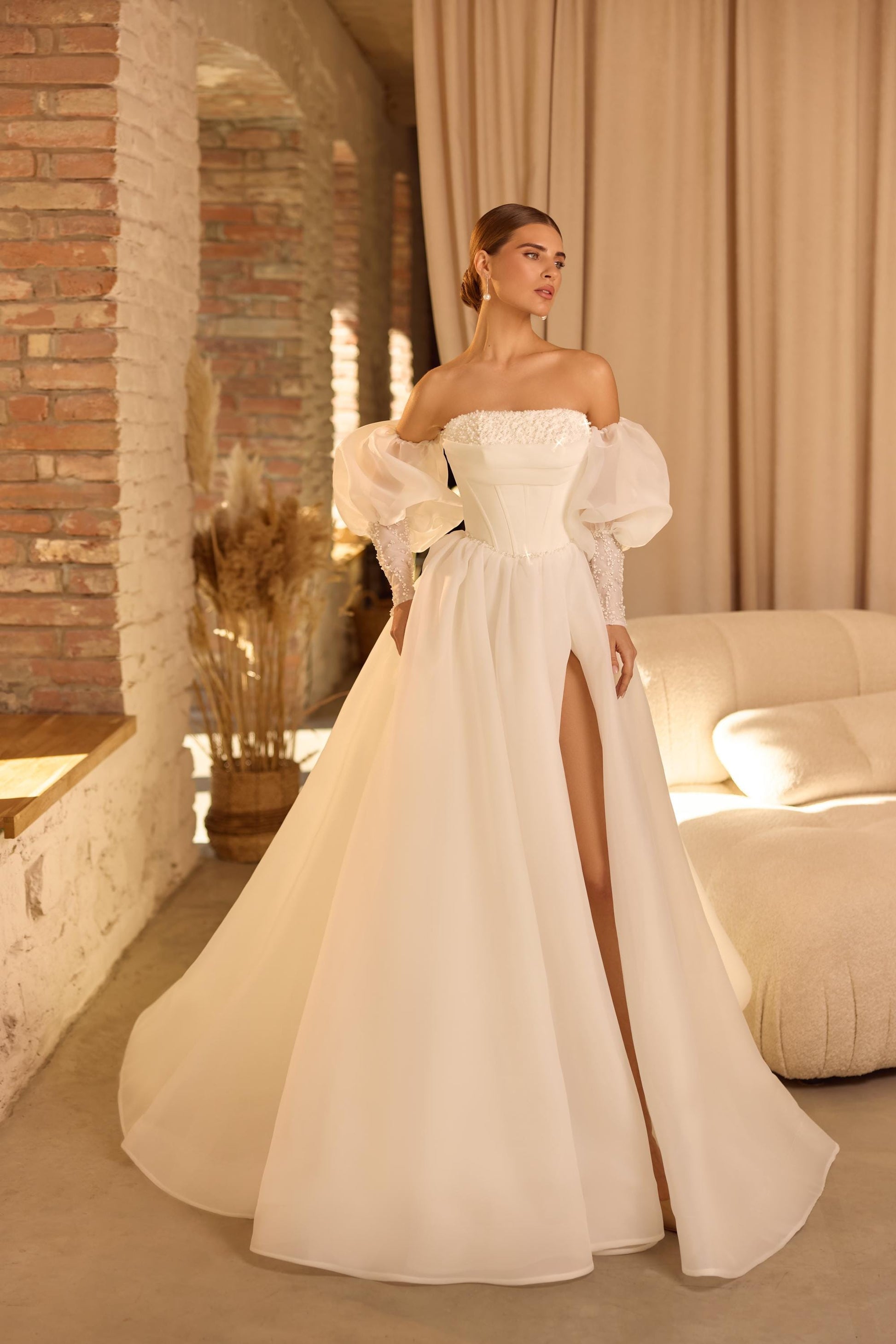 Off Shoulder Wedding Dress with Puffy Sleeves, Corset Bridal Gown with Slit and Train, Modern A Line Wedding Dress with Pearls