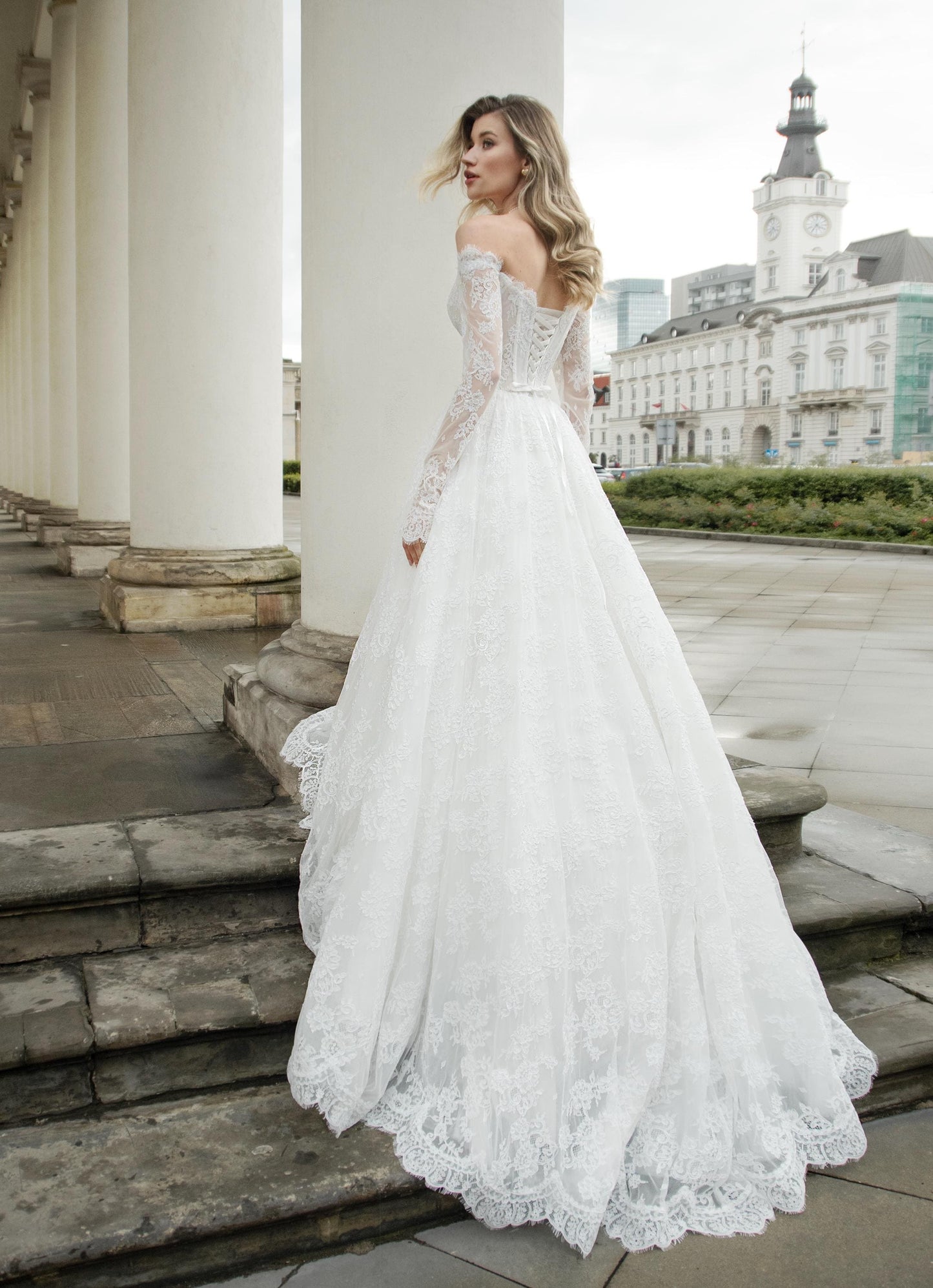 JACO Lace Off Shoulder Long Sleeve Bridal Gown with Corset