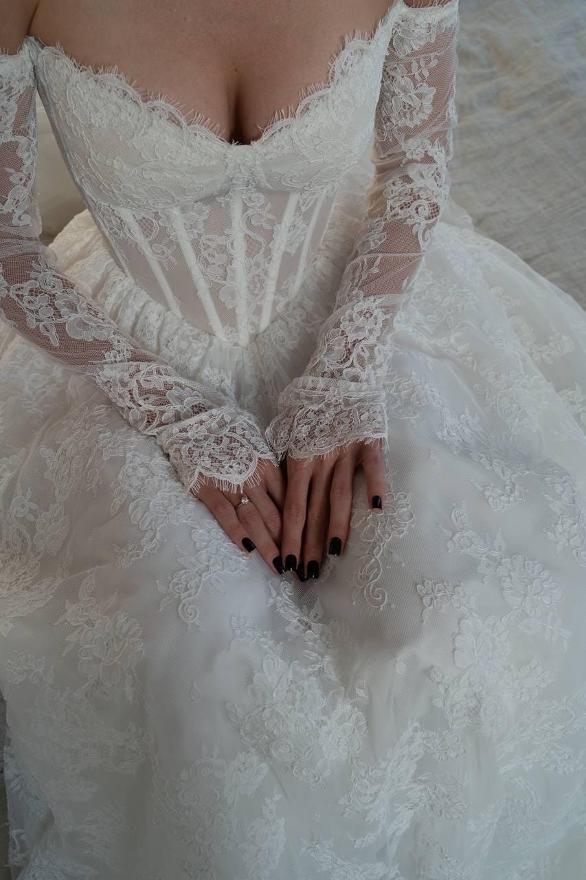 JACO Lace Off Shoulder Long Sleeve Bridal Gown with Corset