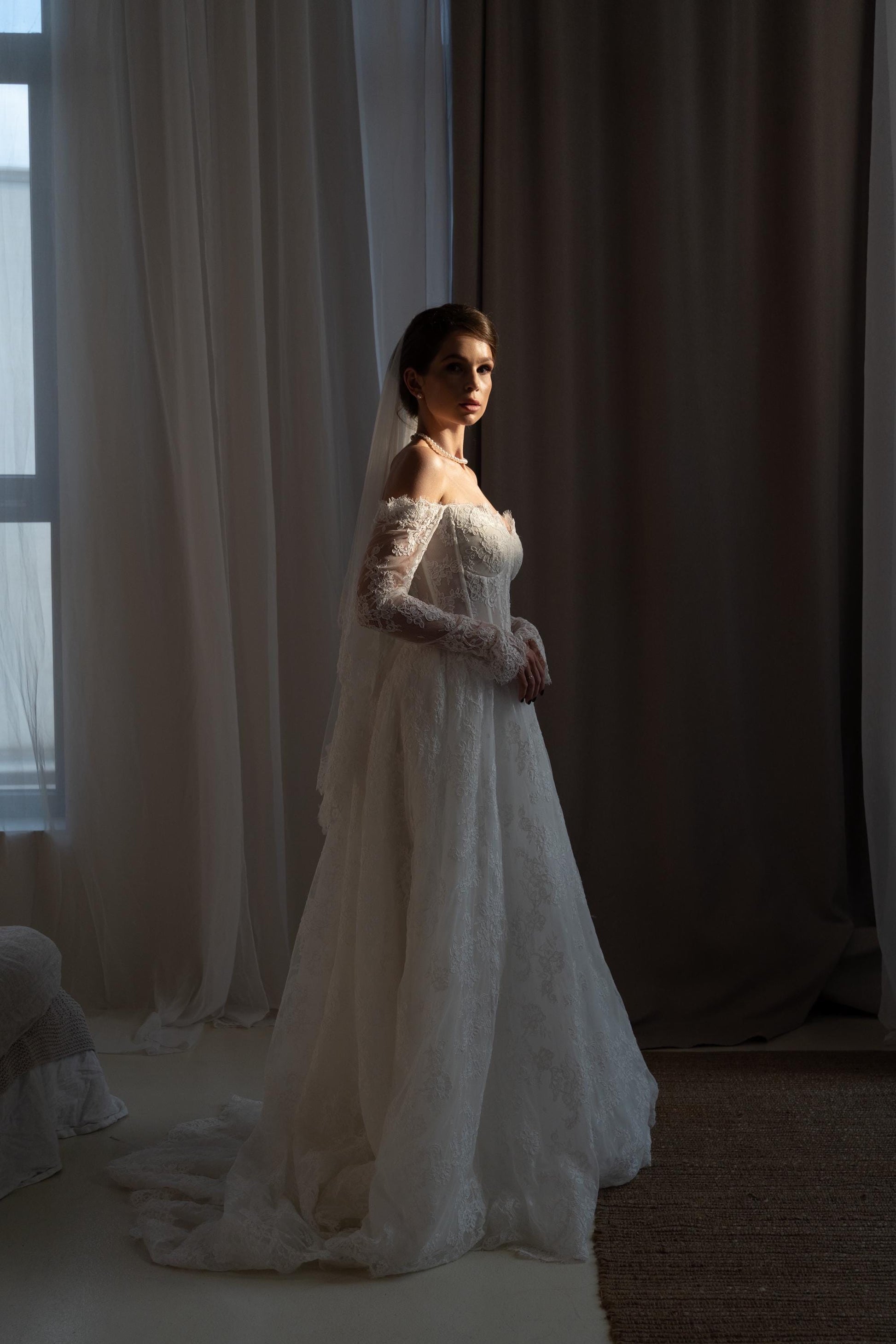 JACO Lace Off Shoulder Long Sleeve Bridal Gown with Corset