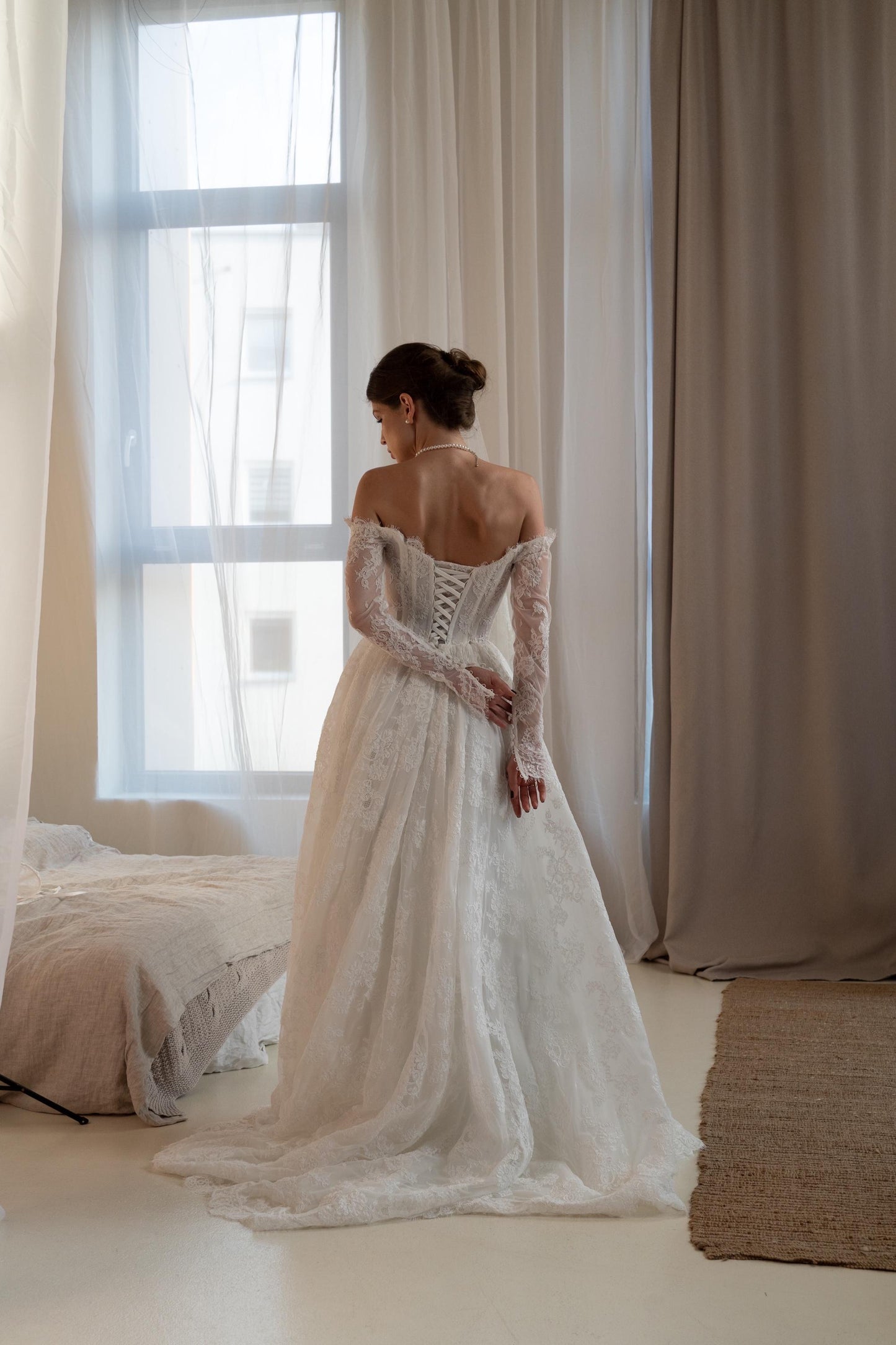 JACO Lace Off Shoulder Long Sleeve Bridal Gown with Corset