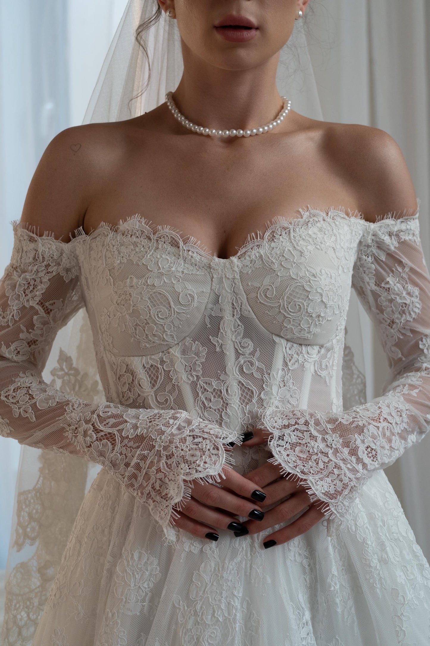 JACO Lace Off Shoulder Long Sleeve Bridal Gown with Corset