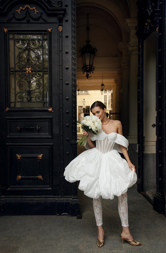 Short Wedding Dress, Off Shoulder Bubble Skirt Bridal Gown, Modern Corset Mini Dress with Lace Leggings, Statement Wedding Outfit