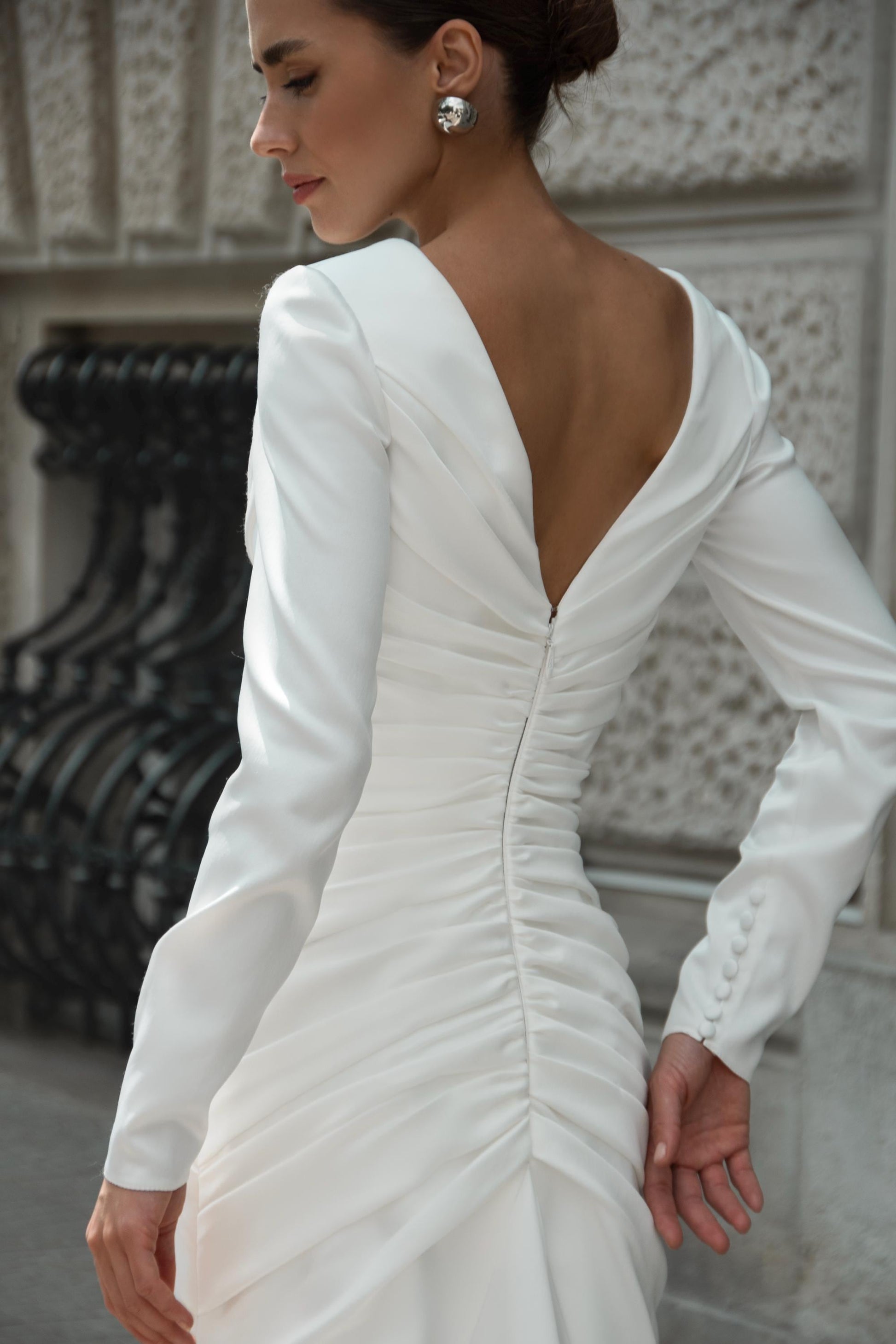 Long Sleeve Wedding Dress, Elegant Deep V Neck Bridal Gown with Slit, Ruched Satin Dress with Puffy Cuffs, Modern Minimalist Bride