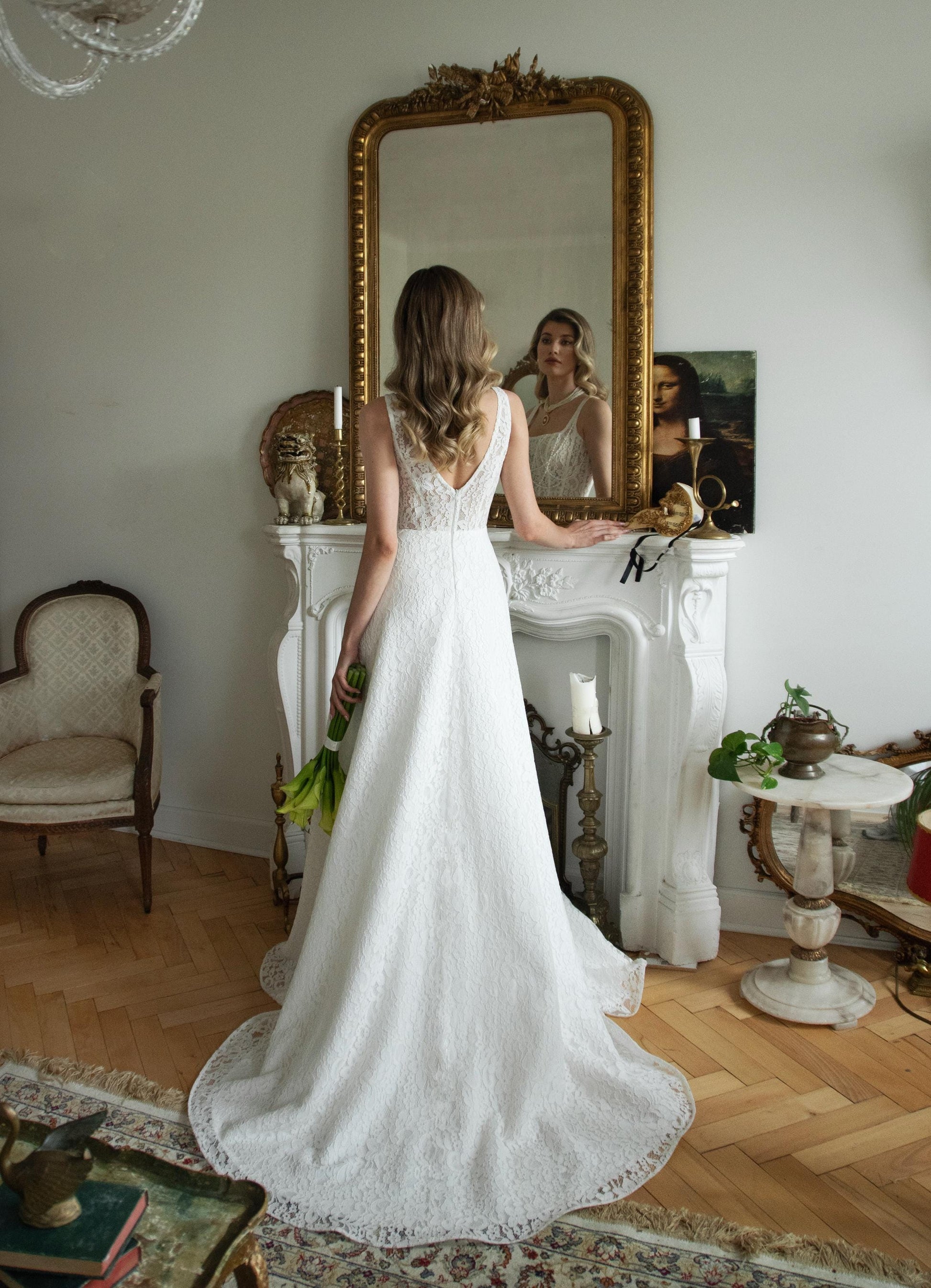 Lace Wedding Dress, Square Neck Bridal Gown with Train, Elegant Vintage Inspired Lace Corset Dress, Romantic A Line Wedding Gown