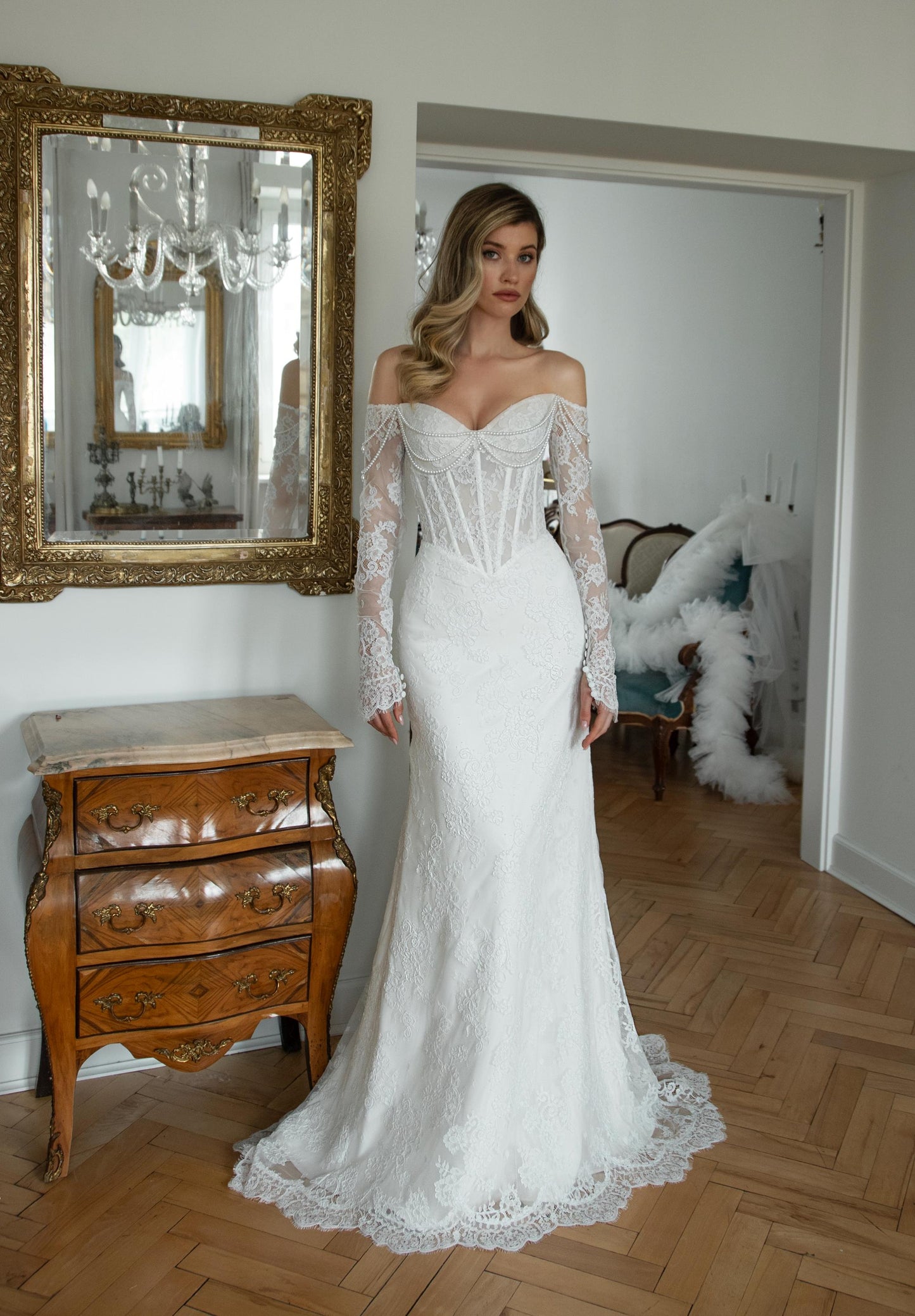 Lace Wedding Dress, Off Shoulder Corset Bridal Gown with Sleeves, Elegant Mermaid Lace Dress with Train and Pearl Details