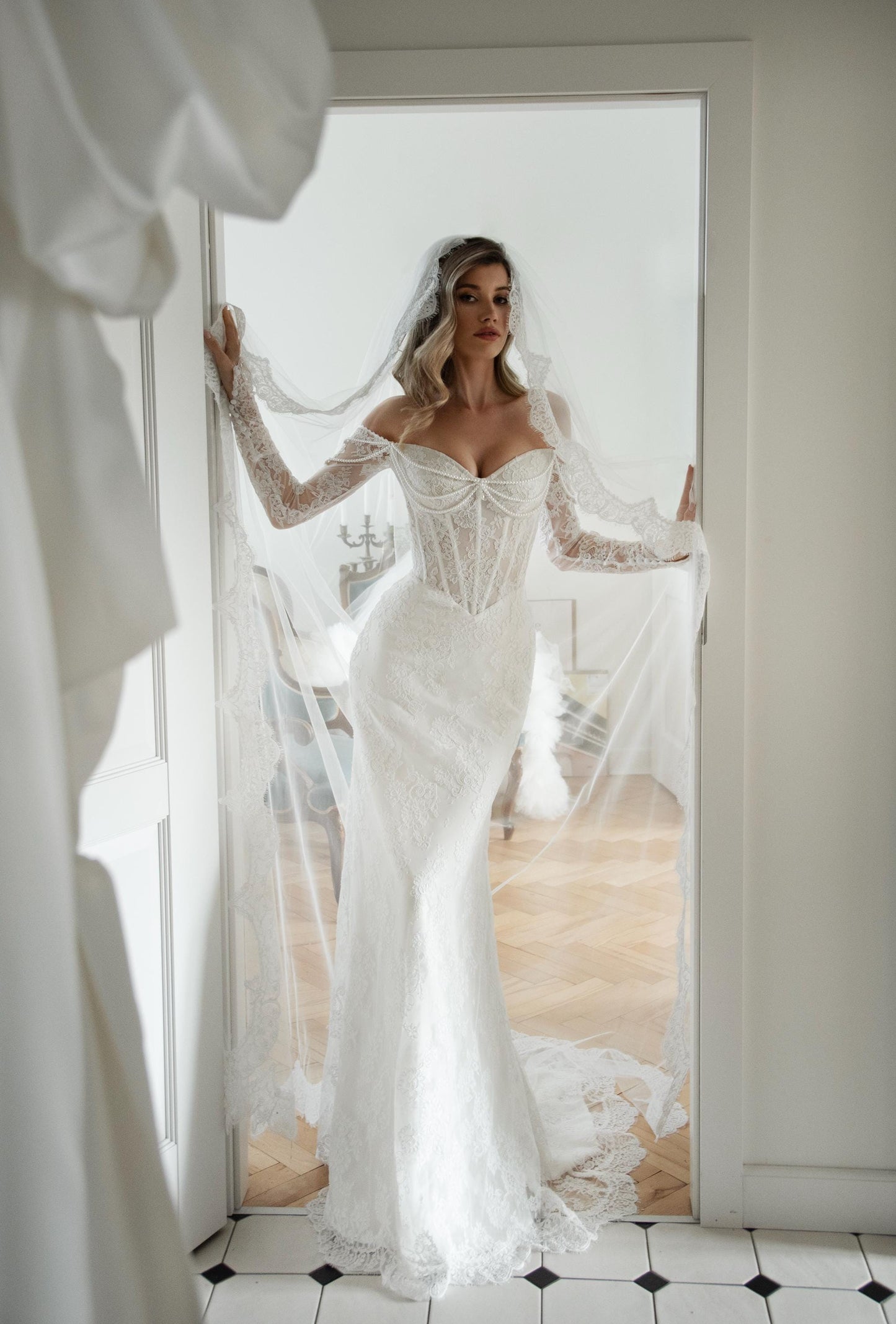 Lace Wedding Dress, Off Shoulder Corset Bridal Gown with Sleeves, Elegant Mermaid Lace Dress with Train and Pearl Details