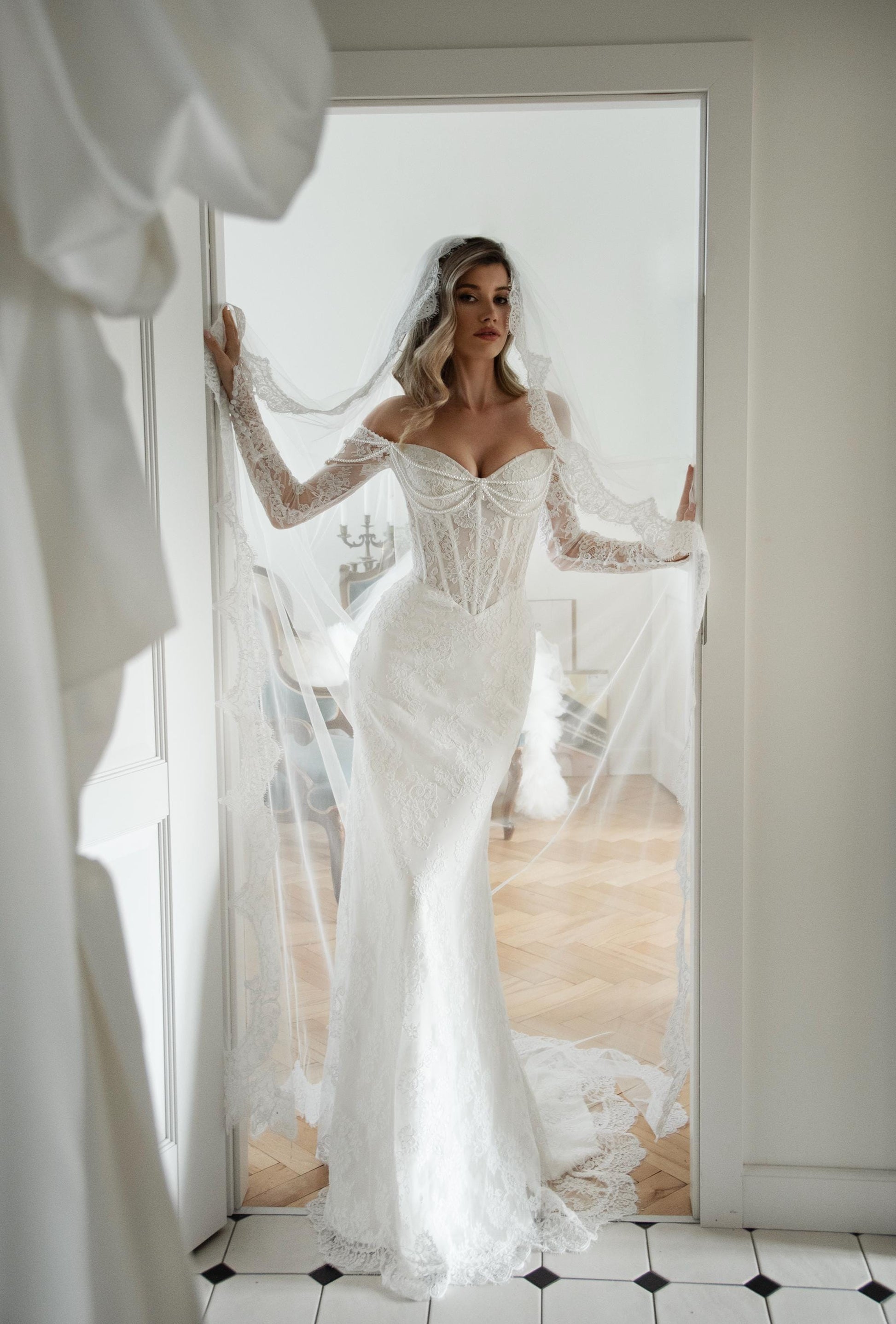 Lace Wedding Dress, Off Shoulder Corset Bridal Gown with Sleeves, Elegant Mermaid Lace Dress with Train and Pearl Details