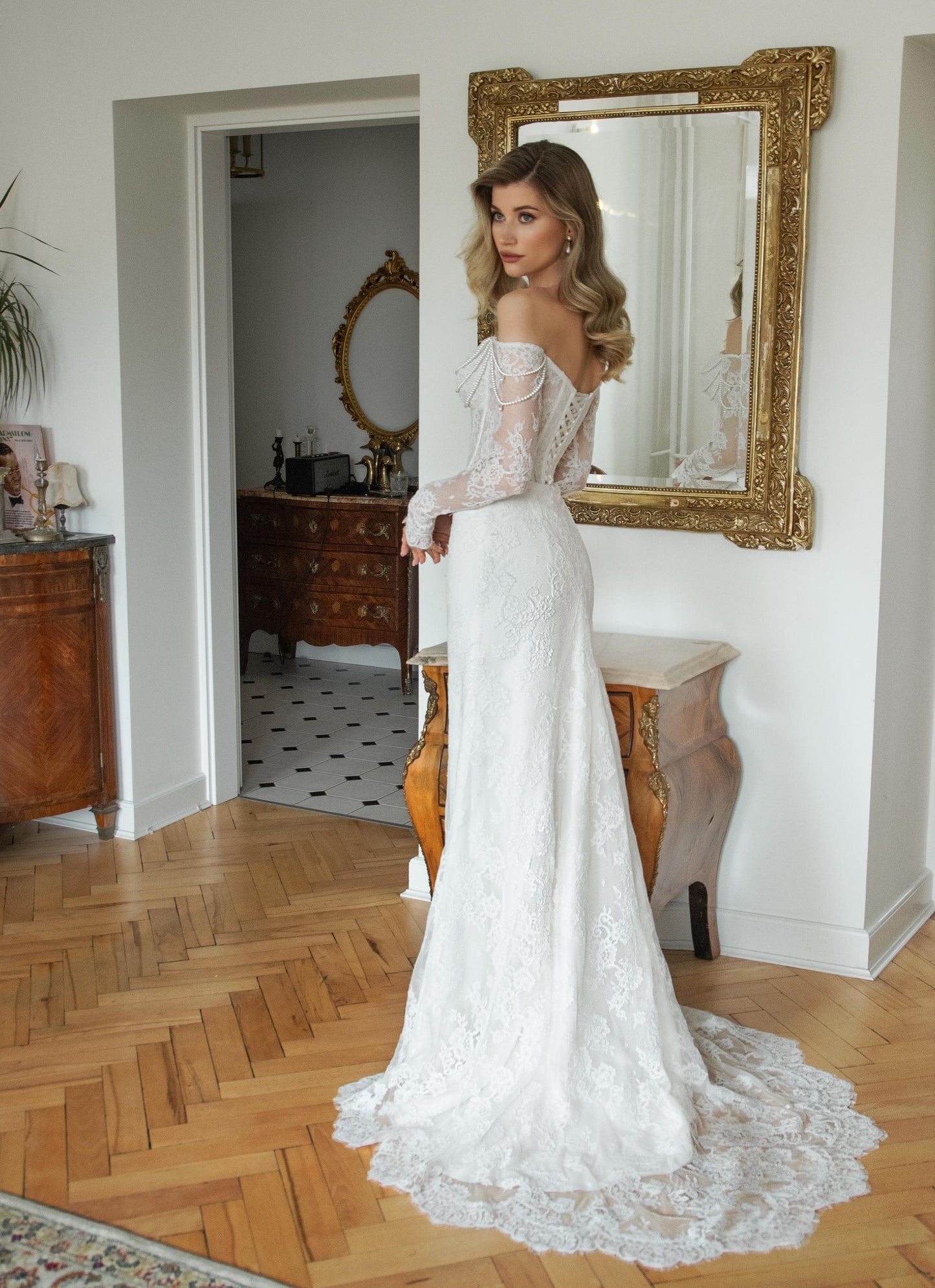 Lace Wedding Dress, Off Shoulder Corset Bridal Gown with Sleeves, Elegant Mermaid Lace Dress with Train and Pearl Details