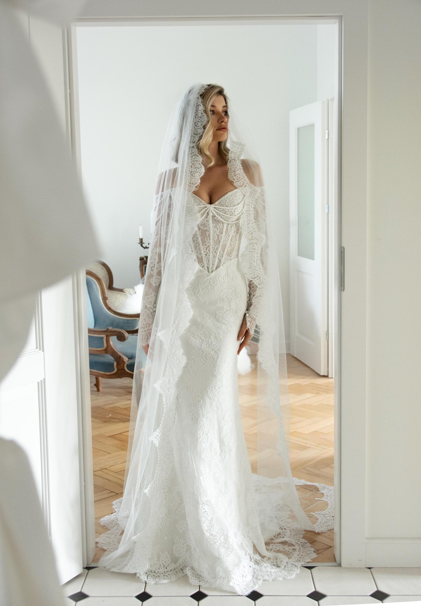 Lace Wedding Dress, Off Shoulder Corset Bridal Gown with Sleeves, Elegant Mermaid Lace Dress with Train and Pearl Details