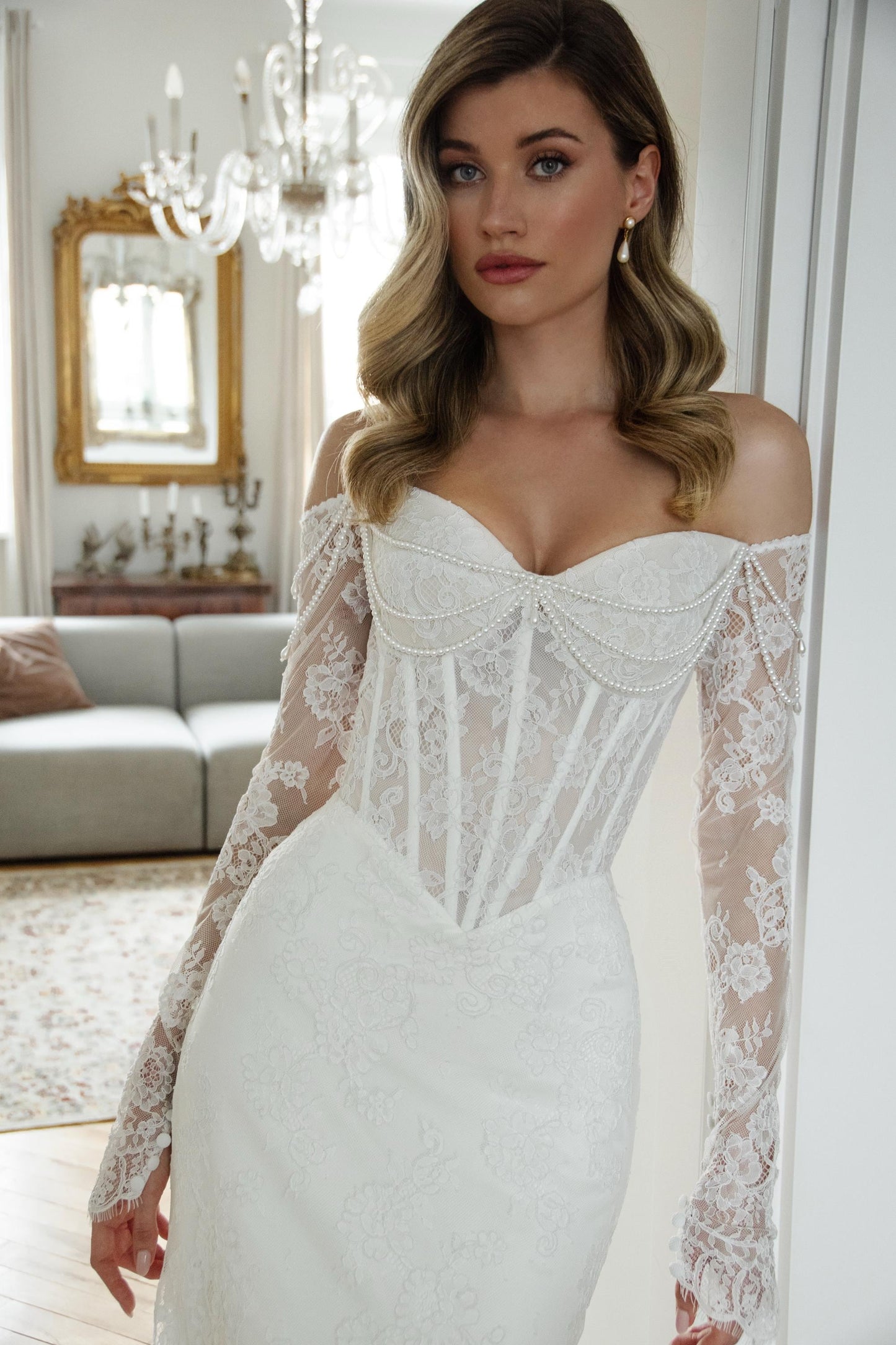 Lace Wedding Dress, Off Shoulder Corset Bridal Gown with Sleeves, Elegant Mermaid Lace Dress with Train and Pearl Details