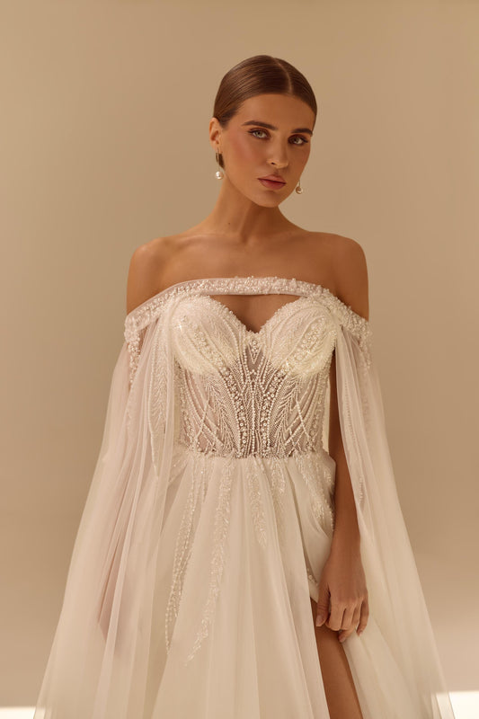 Off Shoulder Wedding Dress with Cape, Beaded Corset Bridal Gown, Elegant A Line Wedding Dress with Train, Tulle Wedding Dress