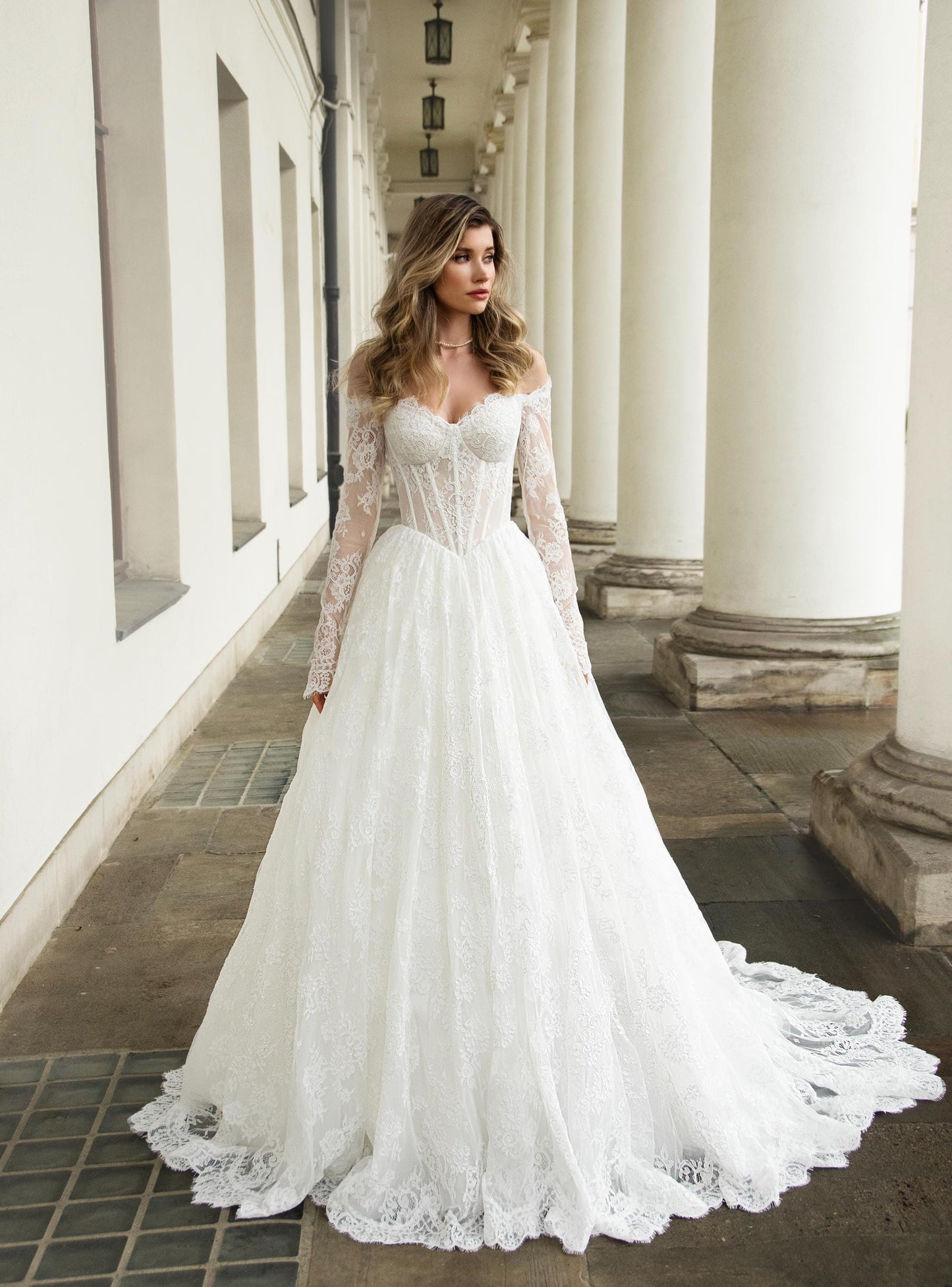 JACO Lace Off Shoulder Long Sleeve Bridal Gown with Corset