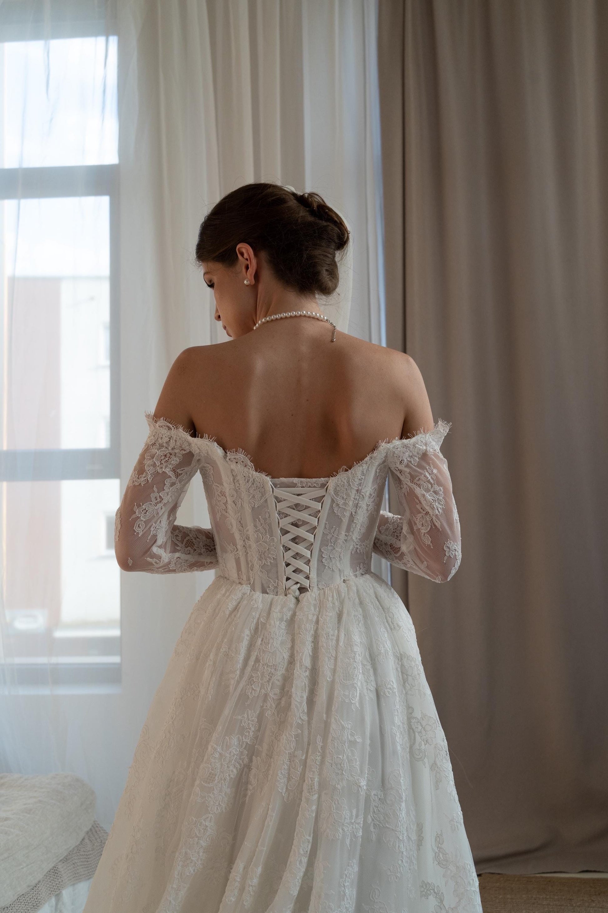 JACO Lace Off Shoulder Long Sleeve Bridal Gown with Corset