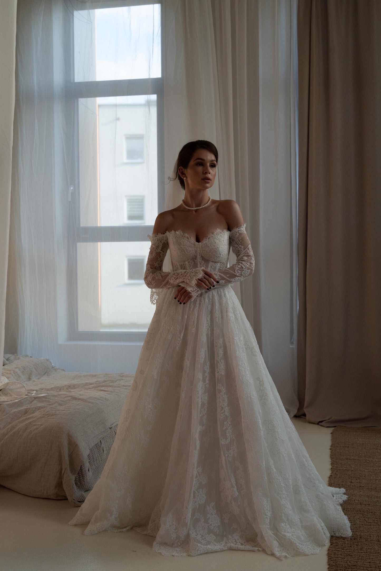 JACO Lace Off Shoulder Long Sleeve Bridal Gown with Corset