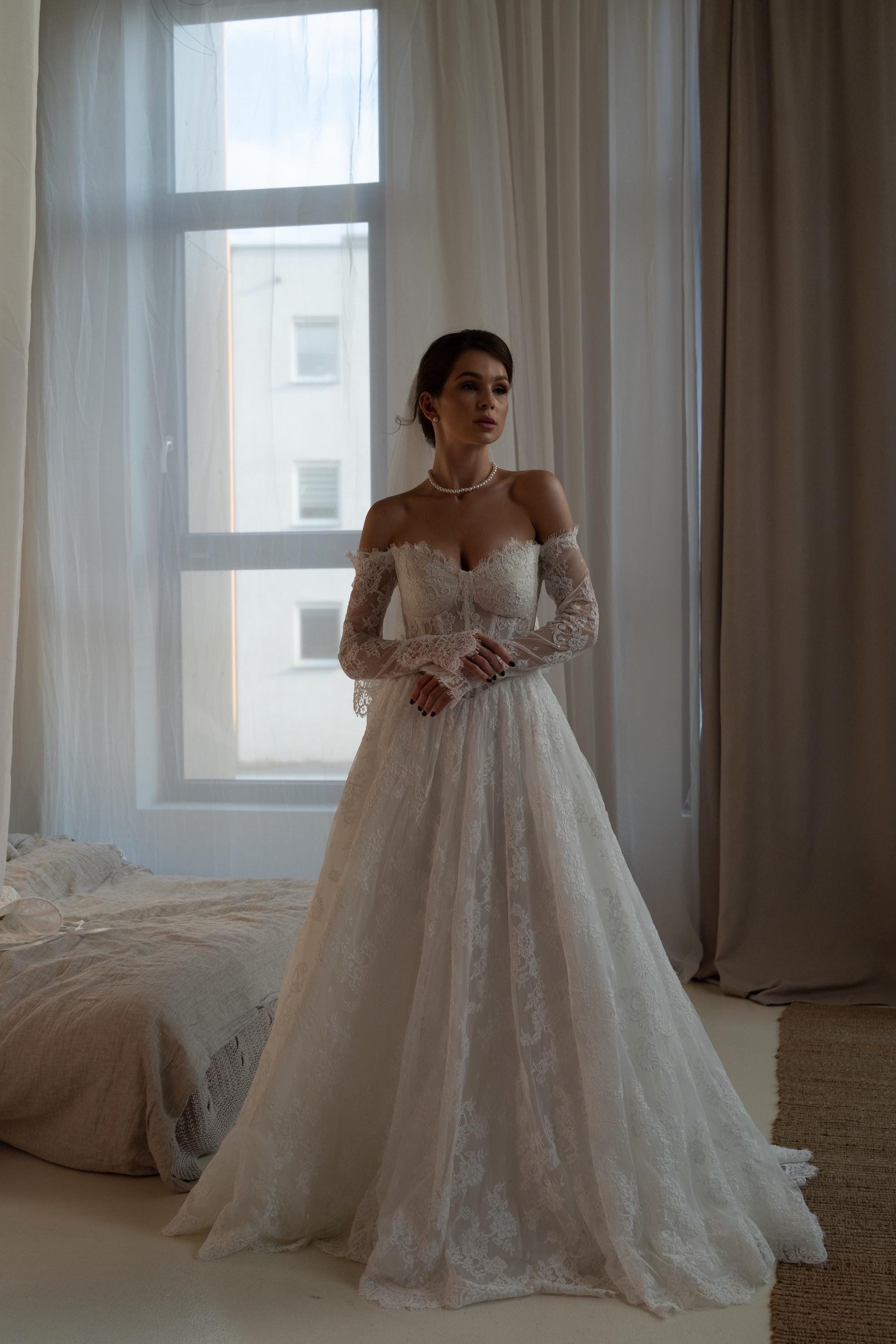 JACO Lace Off Shoulder Long Sleeve Bridal Gown with Corset