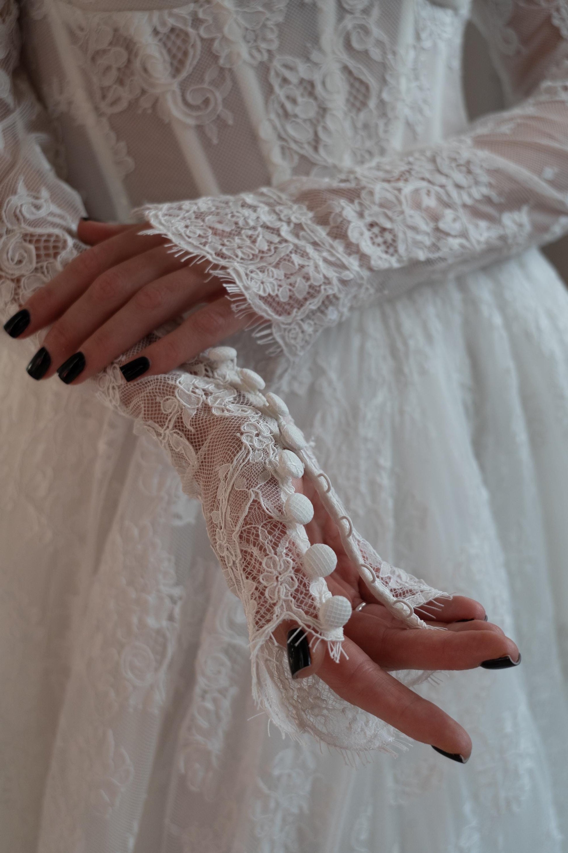 JACO Lace Off Shoulder Long Sleeve Bridal Gown with Corset