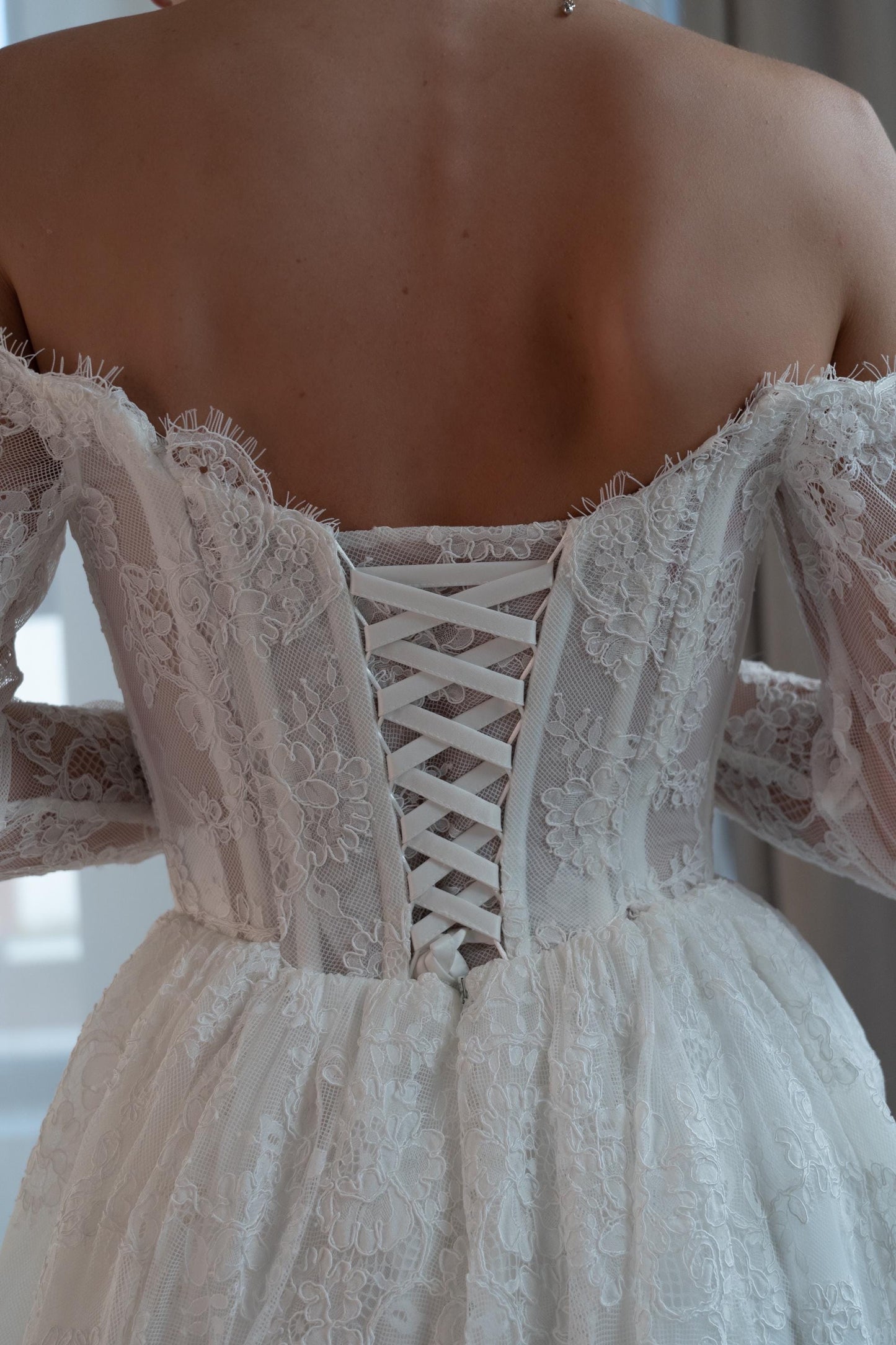 JACO Lace Off Shoulder Long Sleeve Bridal Gown with Corset