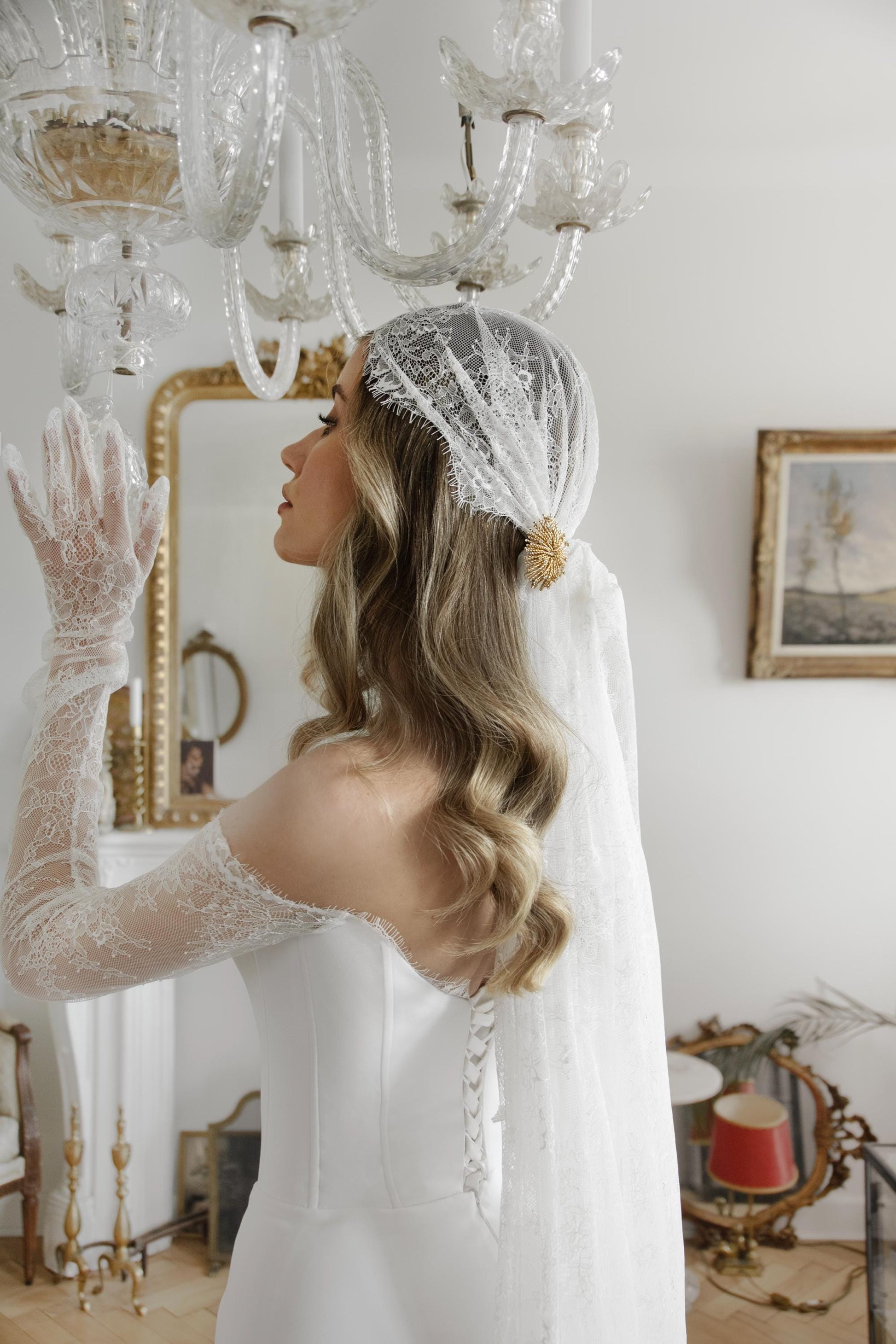 Off Shoulder Wedding Dress, Long Sleeve Lace Bridal Gown with Slit, Modern Minimalist Corset Dress with Train, Elegant Romantic Bride