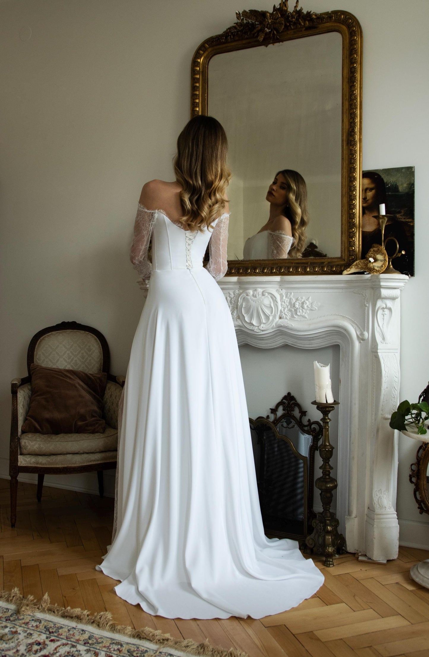 Off Shoulder Wedding Dress, Long Sleeve Lace Bridal Gown with Slit, Modern Minimalist Corset Dress with Train, Elegant Romantic Bride