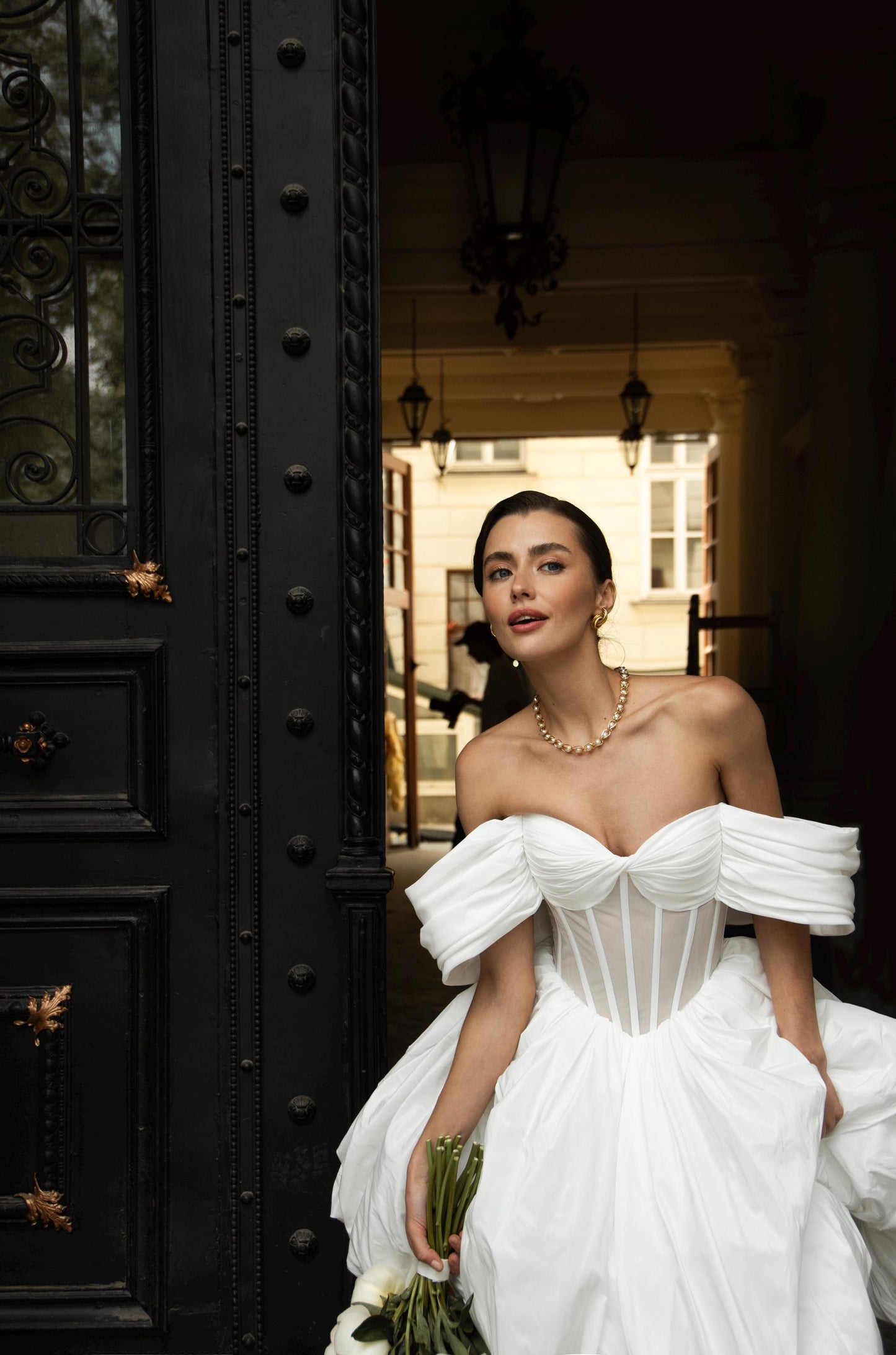 Short Wedding Dress, Off Shoulder Bubble Skirt Bridal Gown, Modern Corset Mini Dress with Lace Leggings, Statement Wedding Outfit