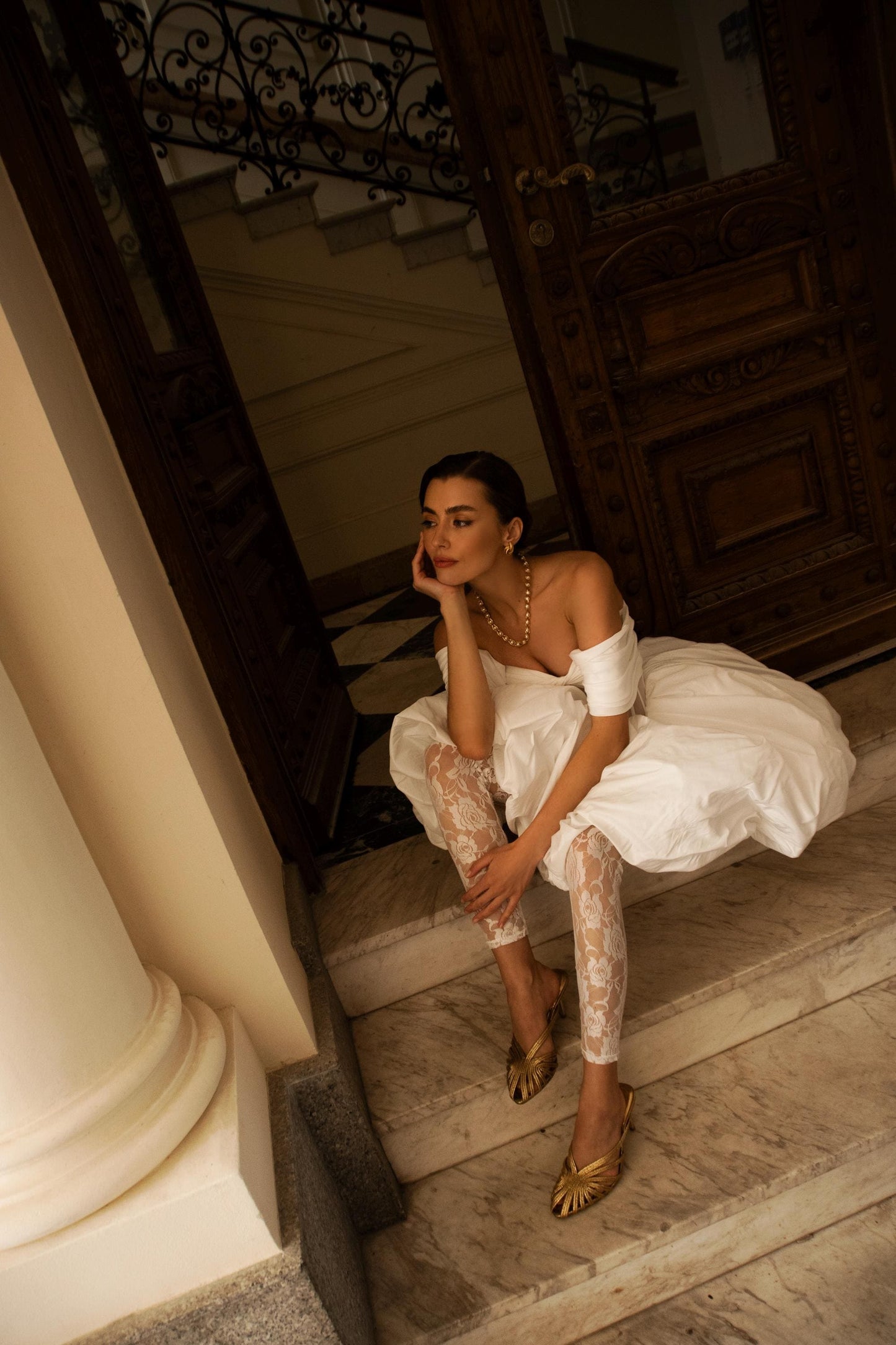 Short Wedding Dress, Off Shoulder Bubble Skirt Bridal Gown, Modern Corset Mini Dress with Lace Leggings, Statement Wedding Outfit