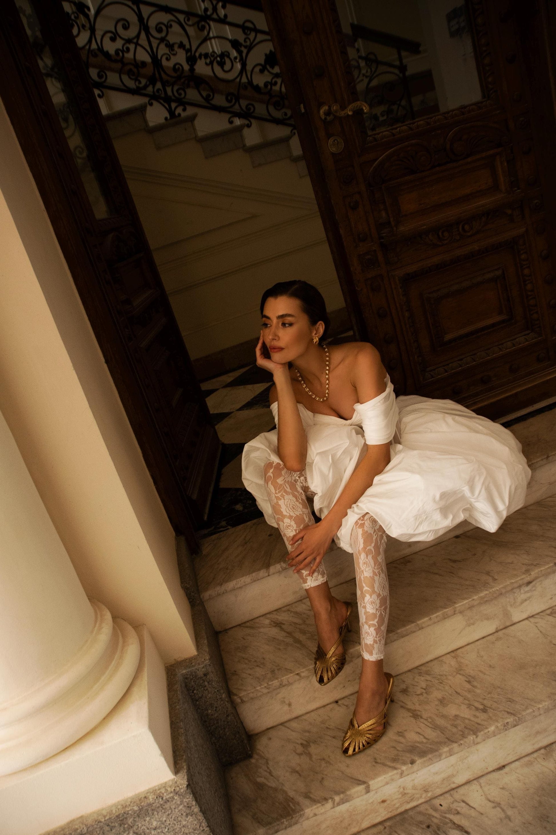 Short Wedding Dress, Off Shoulder Bubble Skirt Bridal Gown, Modern Corset Mini Dress with Lace Leggings, Statement Wedding Outfit