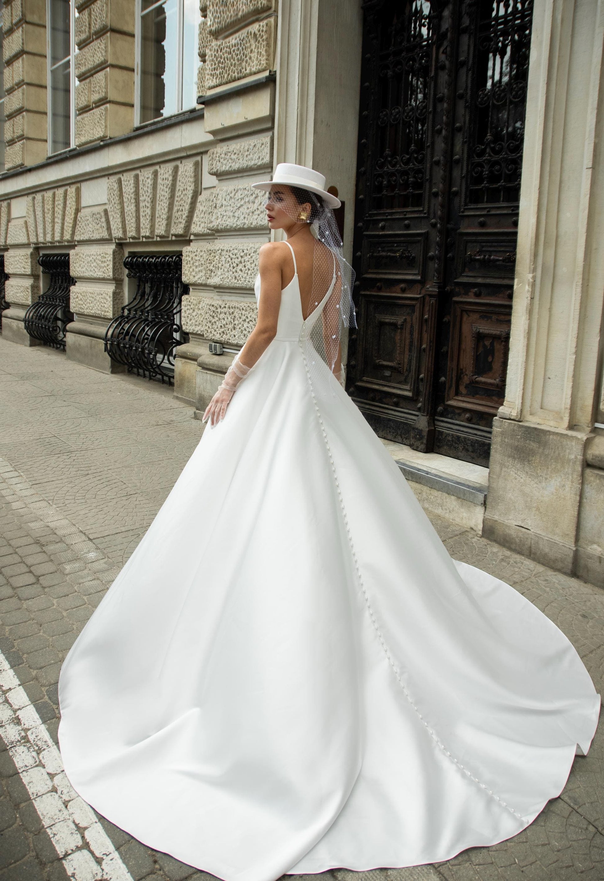 Satin Wedding Dress, A-Line Bridal Gown with Deep V Neck, Open Back, Buttons & Train, Minimalist Elegant Spaghetti Strap Dress