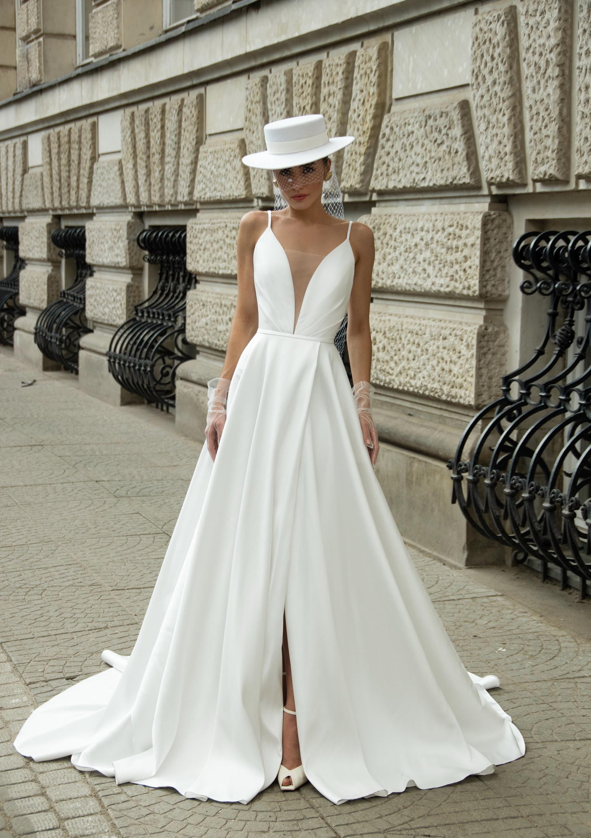 Satin Wedding Dress, A-Line Bridal Gown with Deep V Neck, Open Back, Buttons & Train, Minimalist Elegant Spaghetti Strap Dress