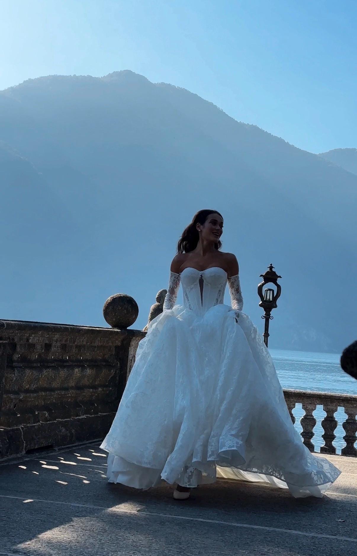 Chantilly Lace Wedding Dress • Princess Ball Gown Bridal Dress • Off Shoulder Corset Gown • Basque Waist Wedding Gown with Sleeves