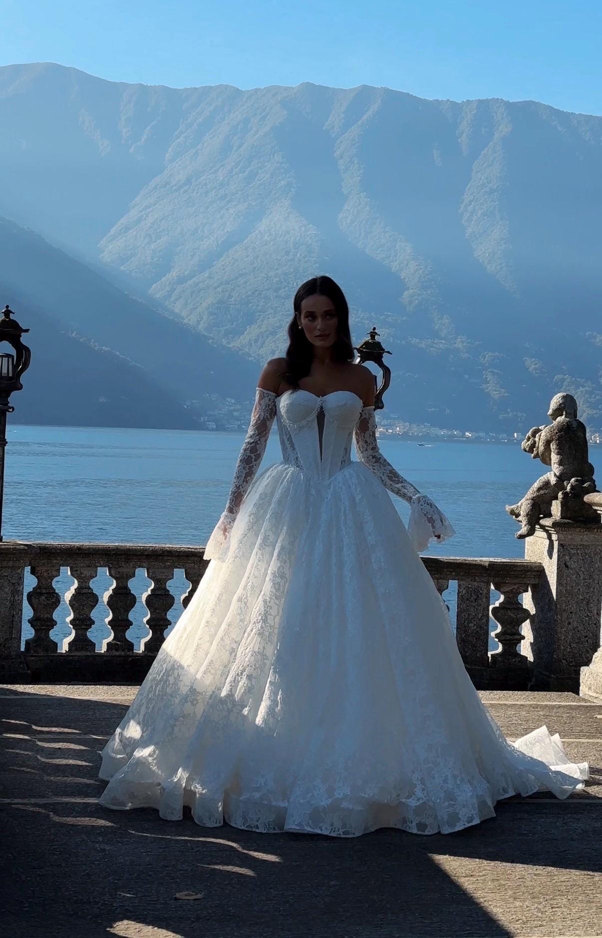 Chantilly Lace Wedding Dress • Princess Ball Gown Bridal Dress • Off Shoulder Corset Gown • Basque Waist Wedding Gown with Sleeves