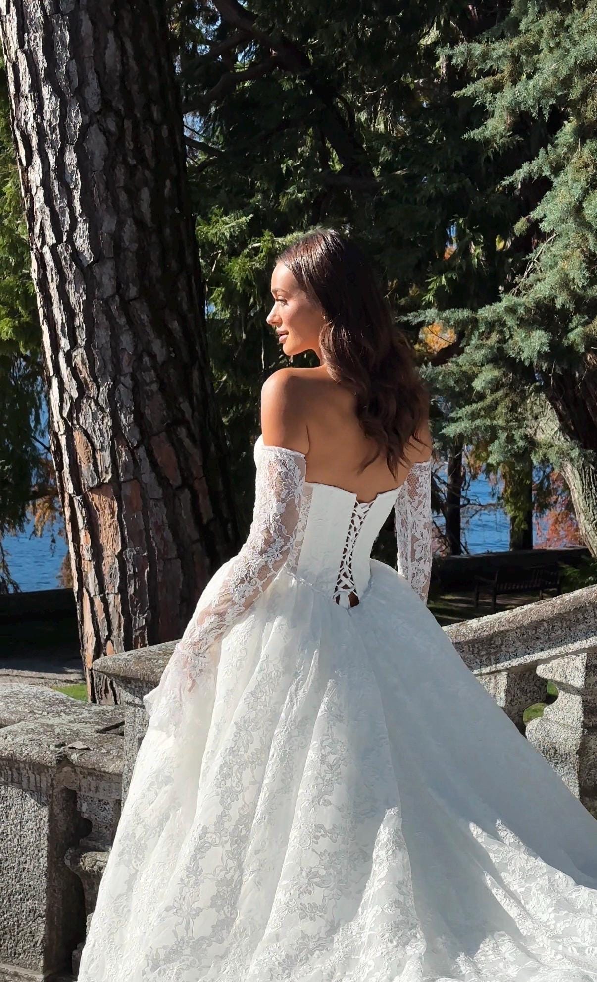 Chantilly Lace Wedding Dress • Princess Ball Gown Bridal Dress • Off Shoulder Corset Gown • Basque Waist Wedding Gown with Sleeves
