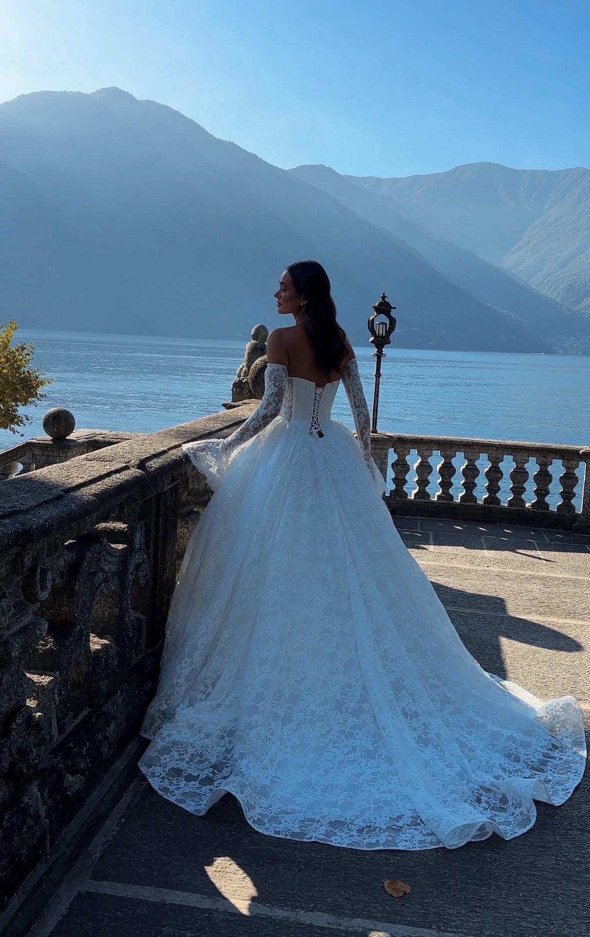 Chantilly Lace Wedding Dress • Princess Ball Gown Bridal Dress • Off Shoulder Corset Gown • Basque Waist Wedding Gown with Sleeves